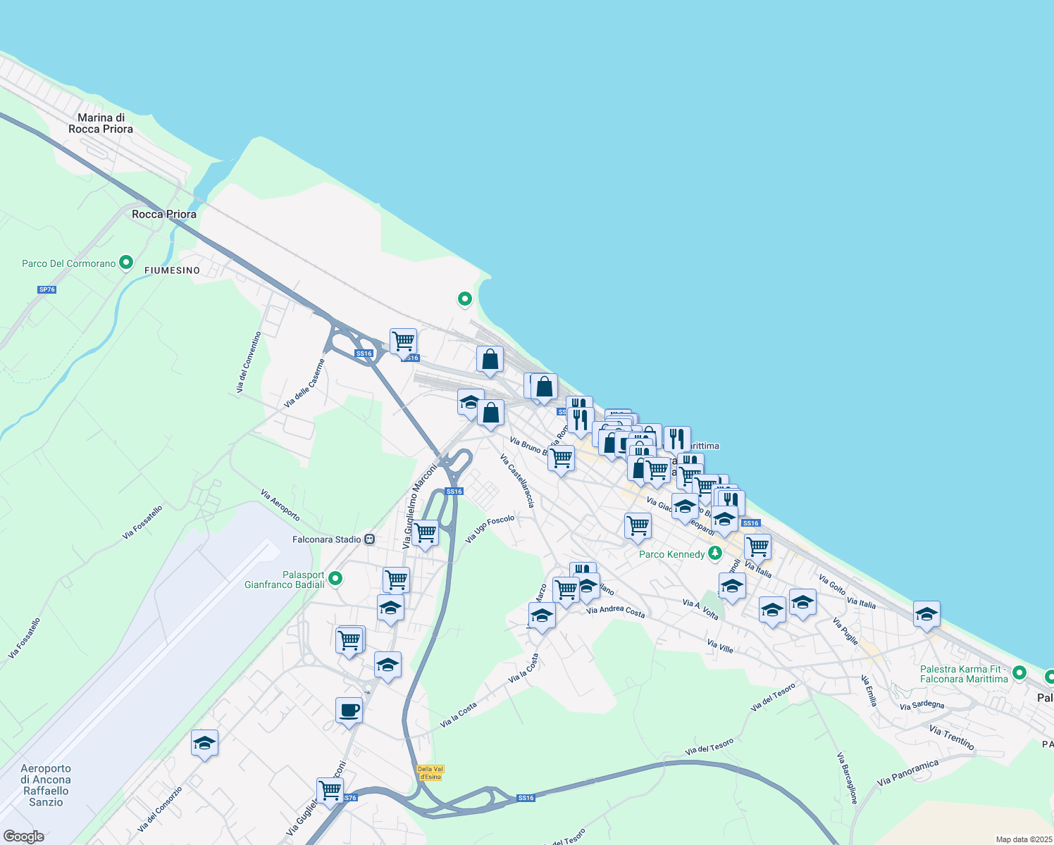 map of restaurants, bars, coffee shops, grocery stores, and more near 9A Via Arturo Donaggio in Falconara Marittima