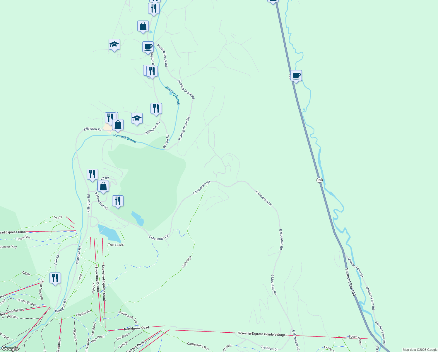 map of restaurants, bars, coffee shops, grocery stores, and more near 112 High Ridge Road in Killington