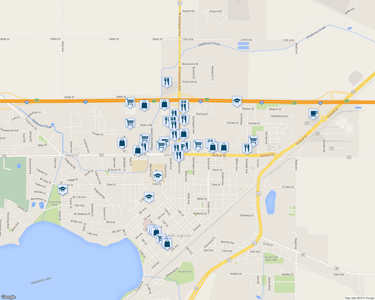 map of restaurants, bars, coffee shops, grocery stores, and more near 1433 Oxford Street in Worthington