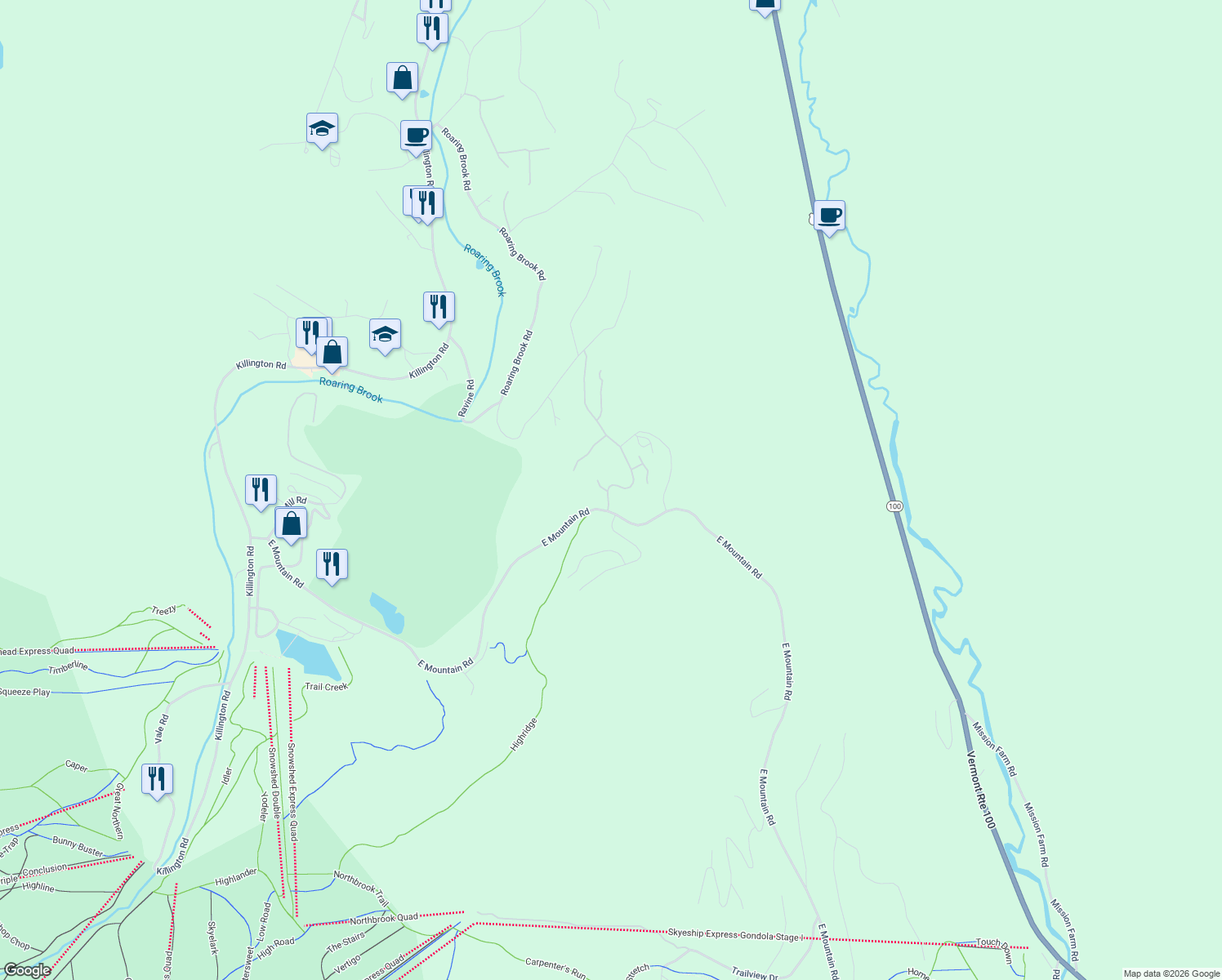 map of restaurants, bars, coffee shops, grocery stores, and more near 112 High Ridge Road in Killington
