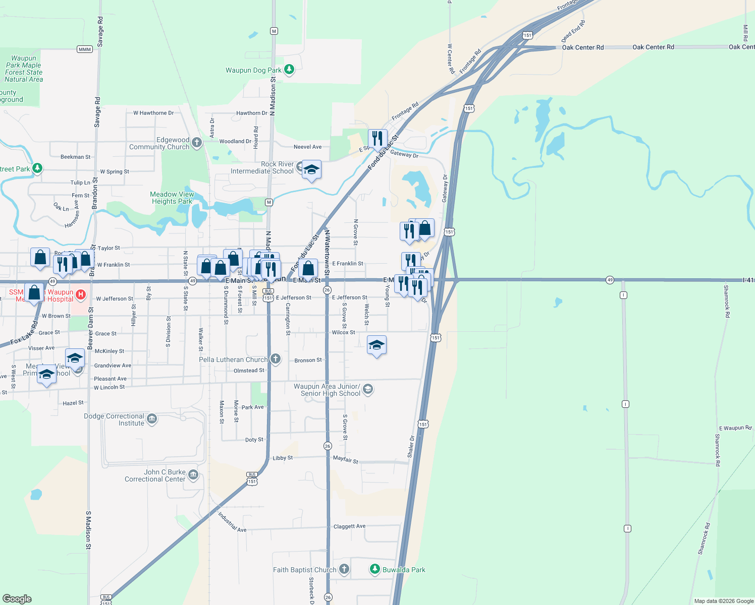 map of restaurants, bars, coffee shops, grocery stores, and more near 815 E Jefferson St in Waupun