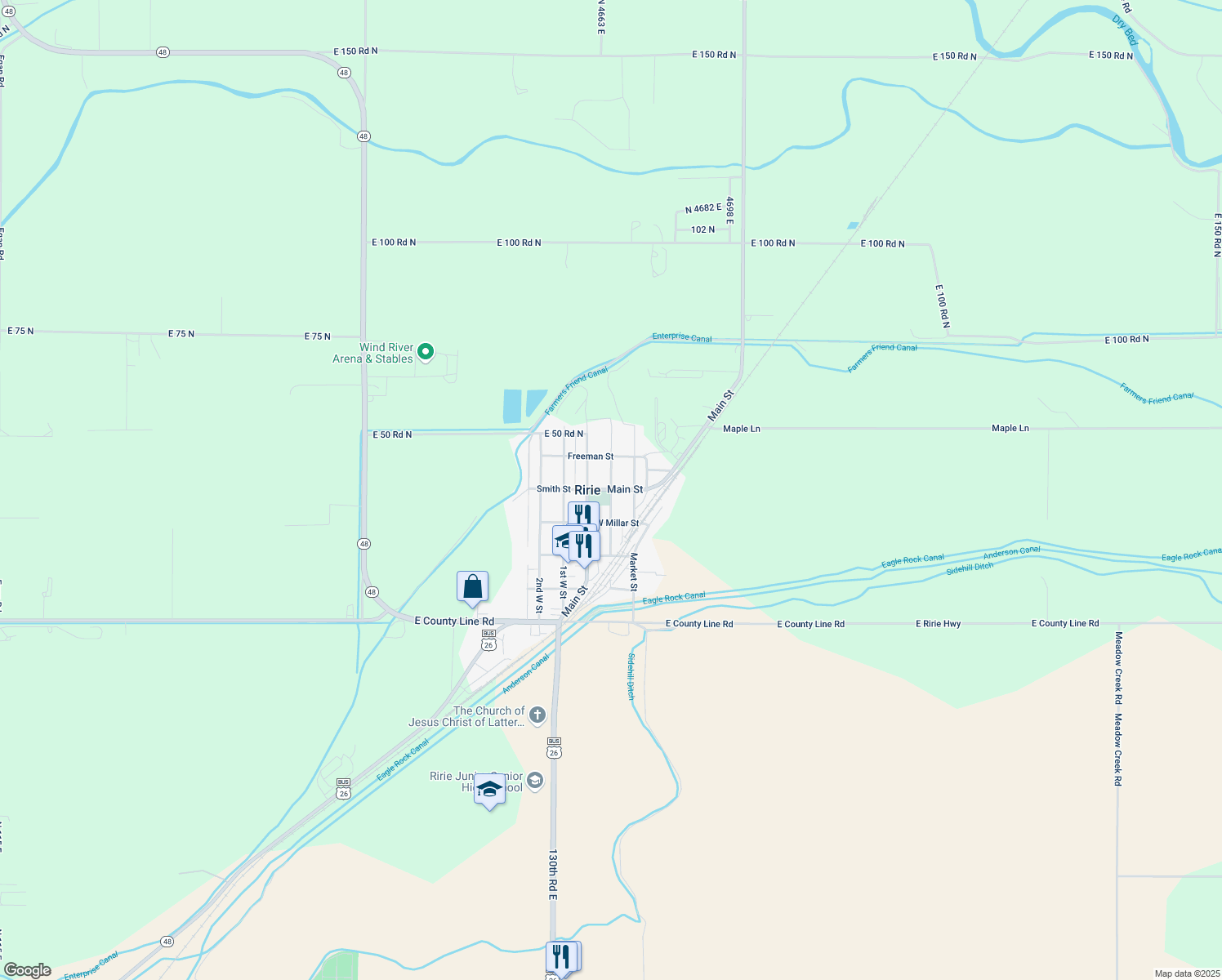map of restaurants, bars, coffee shops, grocery stores, and more near 240 Smith St in Rigby