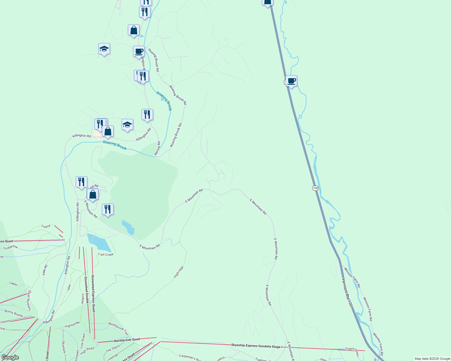 map of restaurants, bars, coffee shops, grocery stores, and more near 176 High Ridge Road in Killington