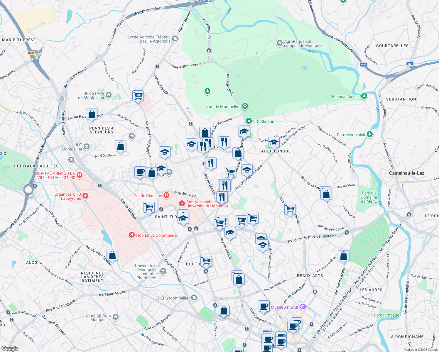 map of restaurants, bars, coffee shops, grocery stores, and more near Route de Mende in Montpellier