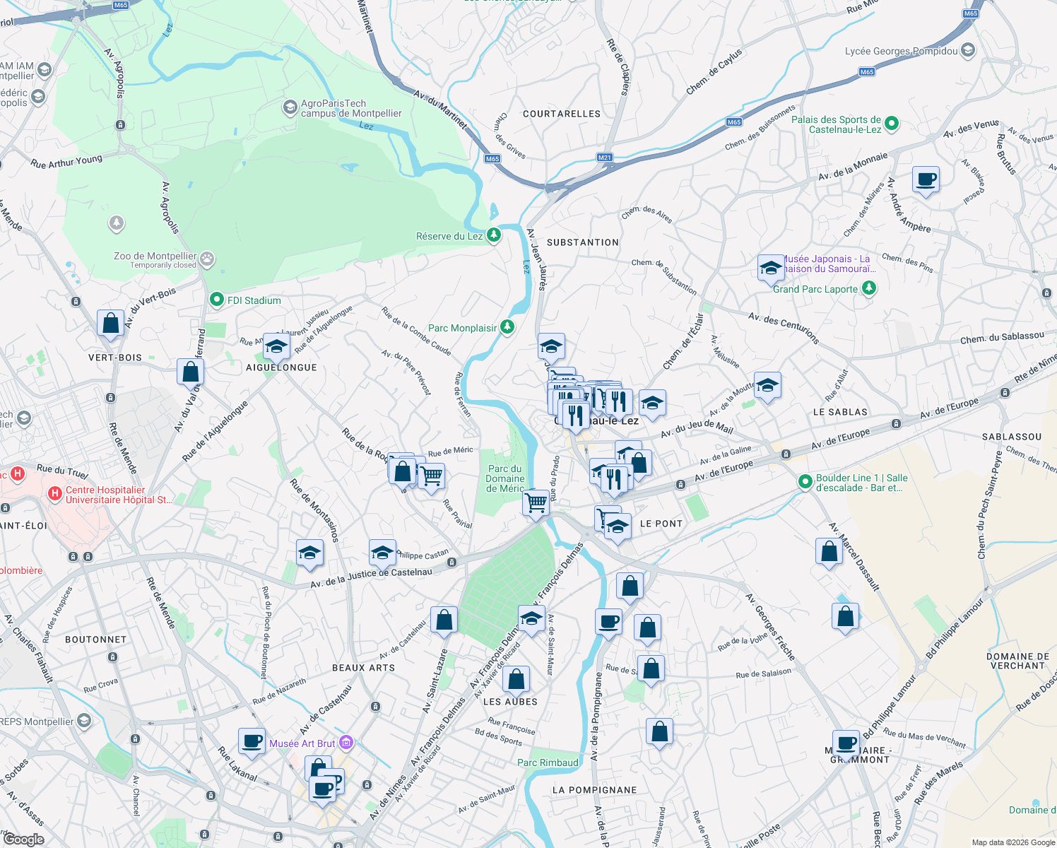 map of restaurants, bars, coffee shops, grocery stores, and more near 30 Rue Albert Thomas in Castelnau-le-Lez