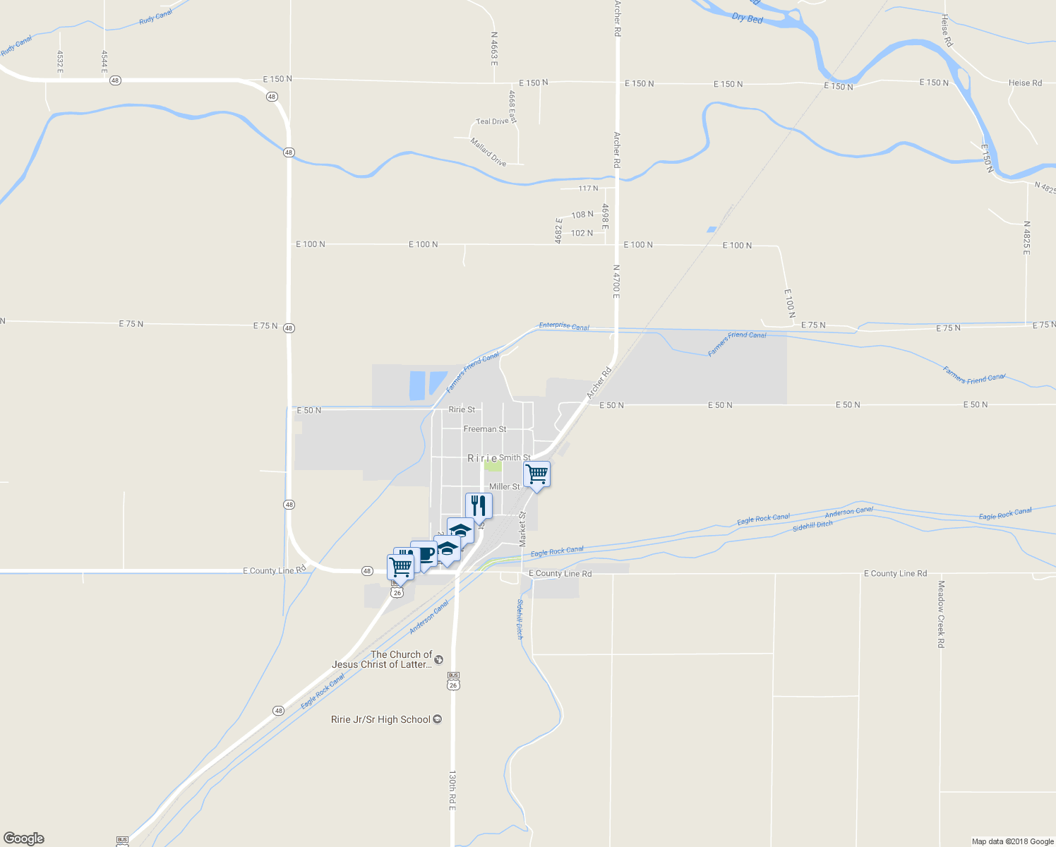 map of restaurants, bars, coffee shops, grocery stores, and more near 624 2nd East Street in Ririe