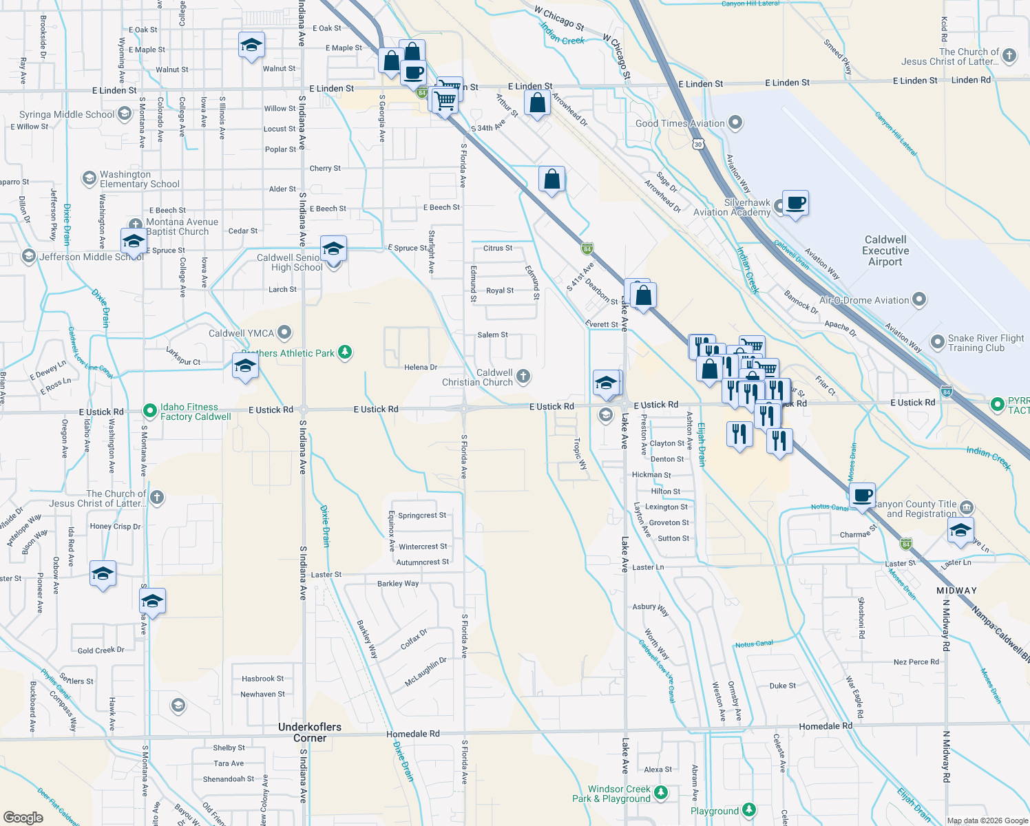 map of restaurants, bars, coffee shops, grocery stores, and more near 3102 East Ustick Road in Caldwell