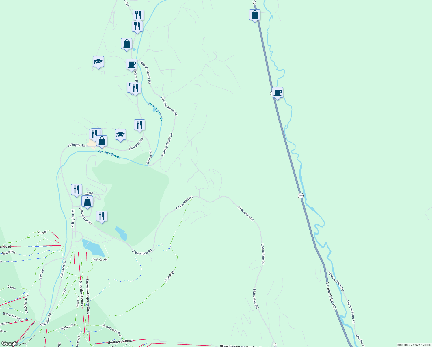 map of restaurants, bars, coffee shops, grocery stores, and more near 184 High Ridge Road in Killington