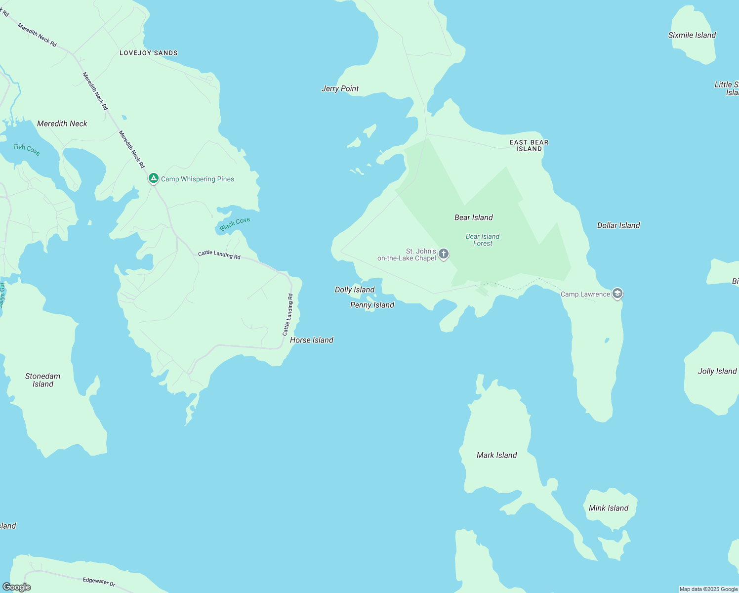 map of restaurants, bars, coffee shops, grocery stores, and more near 6 Penny Island in Meredith