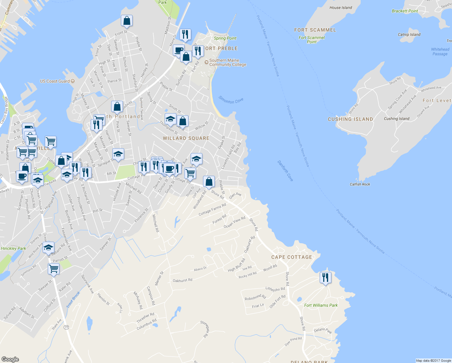 map of restaurants, bars, coffee shops, grocery stores, and more near 38 Danforth Road in South Portland