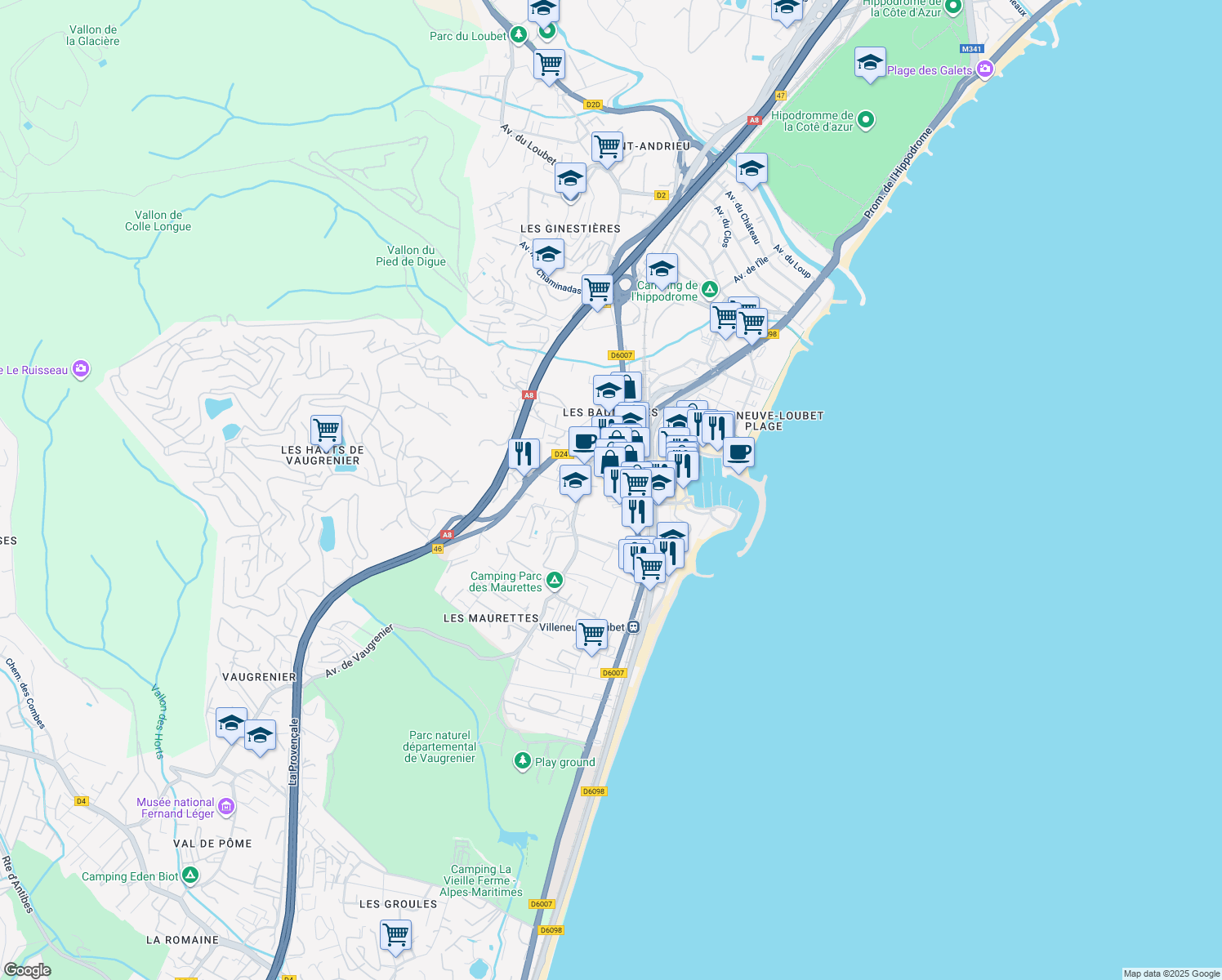 map of restaurants, bars, coffee shops, grocery stores, and more near 1614 Route Nationale 7 in Villeneuve-Loubet