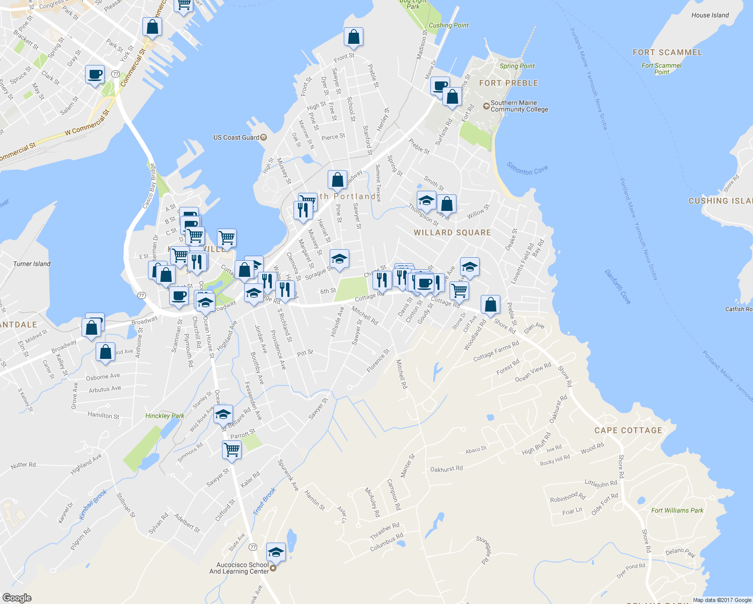 map of restaurants, bars, coffee shops, grocery stores, and more near 15 Homestead Avenue in South Portland