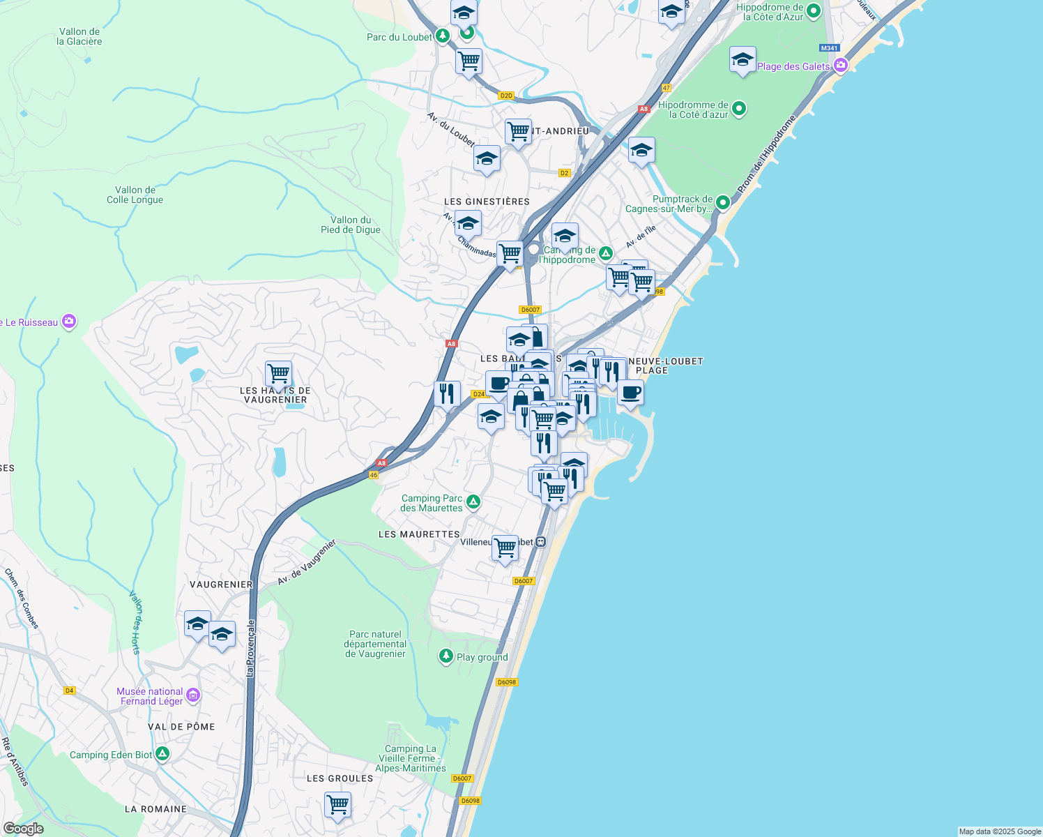 map of restaurants, bars, coffee shops, grocery stores, and more near 1614 Route Nationale 7 in Villeneuve-Loubet