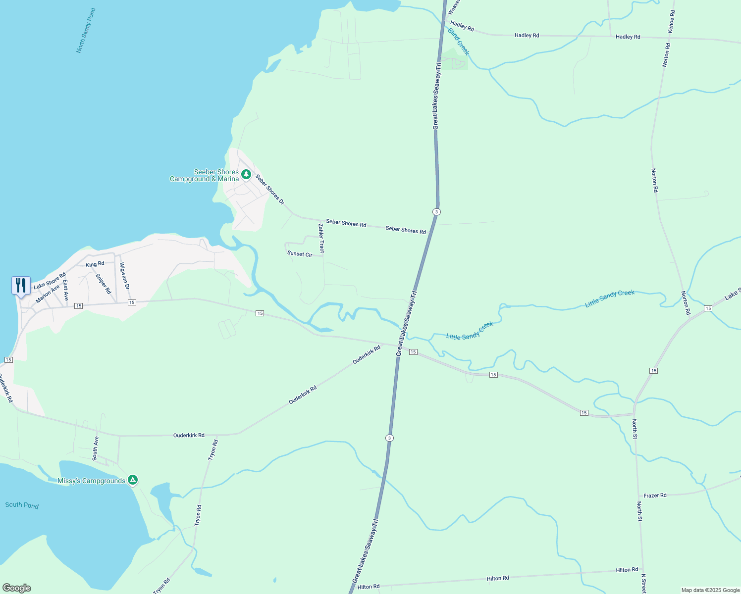 map of restaurants, bars, coffee shops, grocery stores, and more near 39 Koster Drive in Sandy Creek