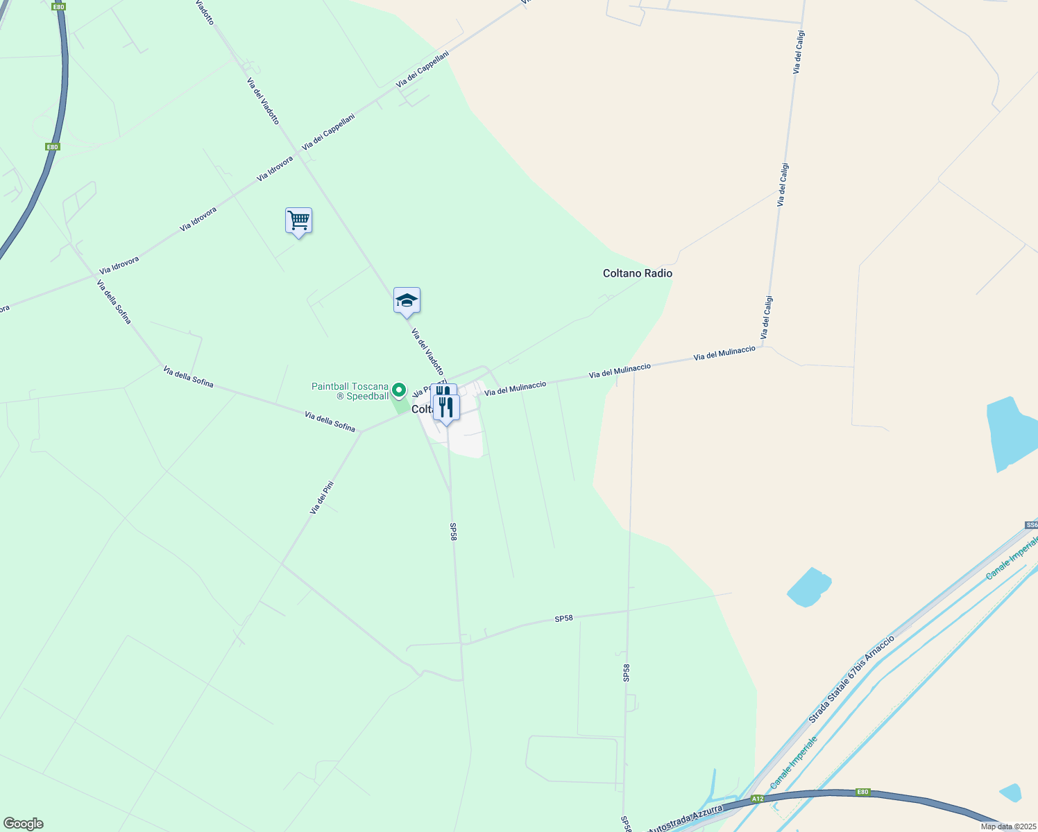 map of restaurants, bars, coffee shops, grocery stores, and more near 1 Via del Mulinaccio in Pisa