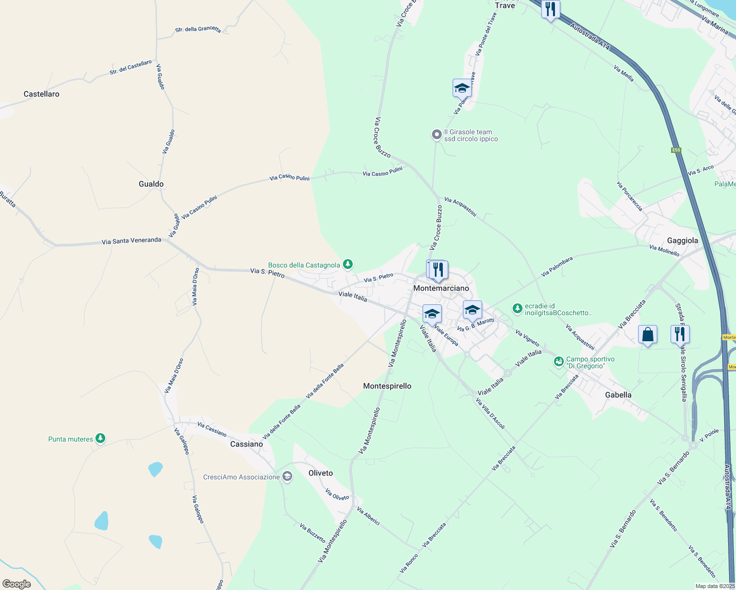 map of restaurants, bars, coffee shops, grocery stores, and more near 13A Via San Pietro in Montemarciano