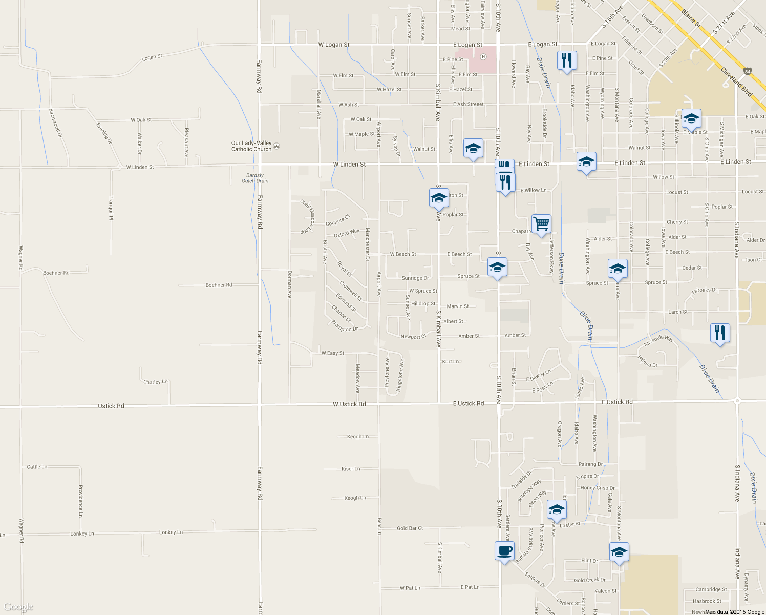 map of restaurants, bars, coffee shops, grocery stores, and more near 323 Hilldrop Street in Caldwell