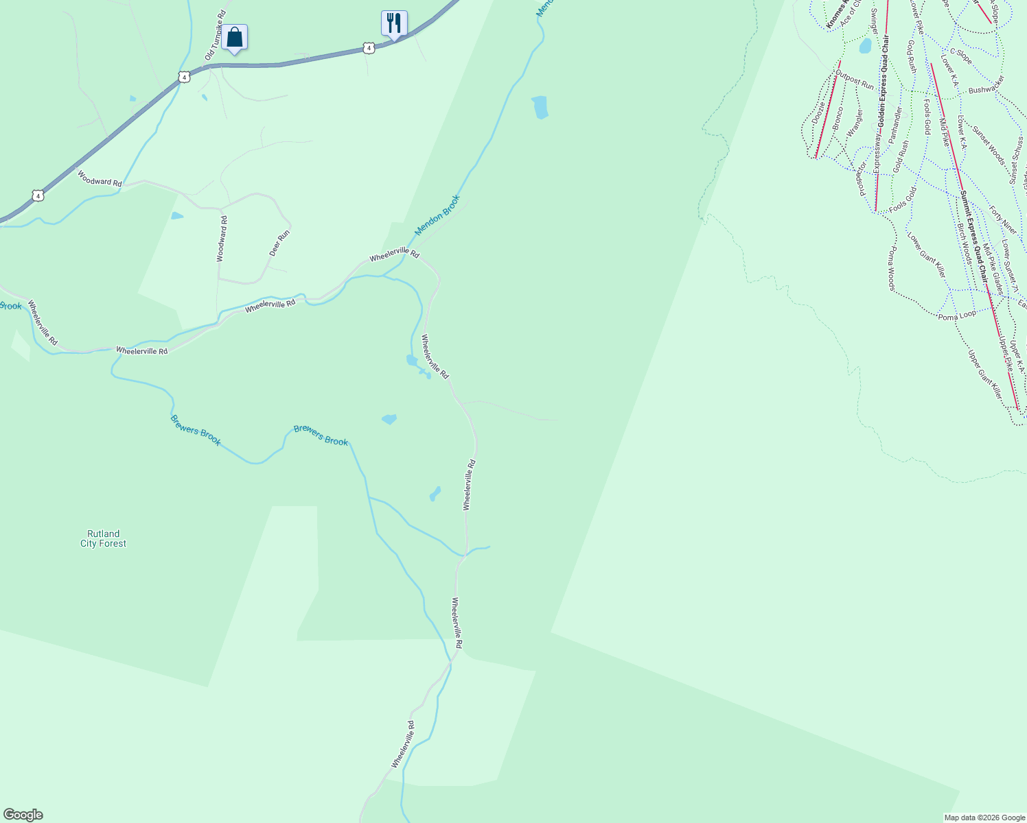 map of restaurants, bars, coffee shops, grocery stores, and more near Wood Road in Killington