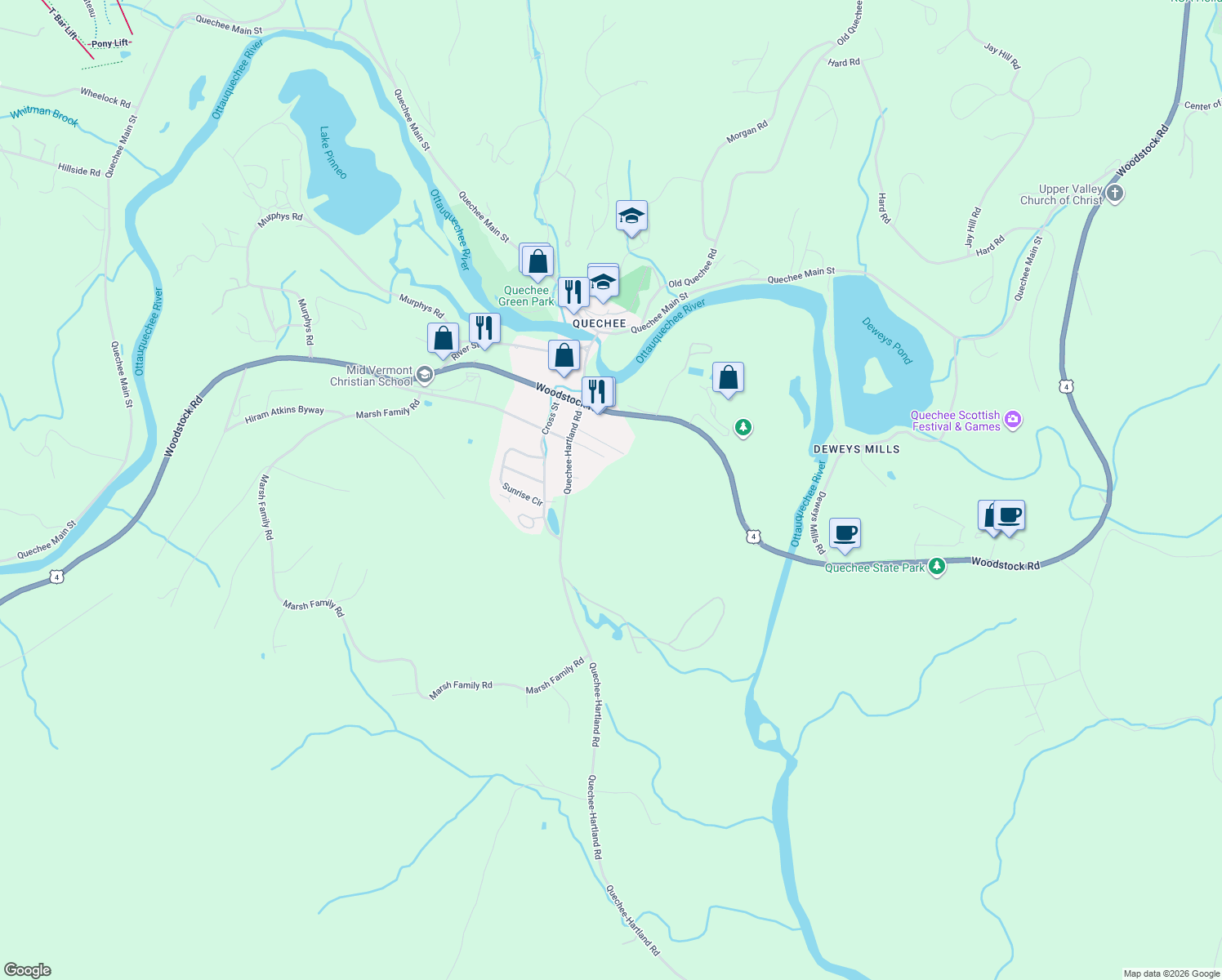 map of restaurants, bars, coffee shops, grocery stores, and more near 168 Quechee-Hartland Road in Hartford