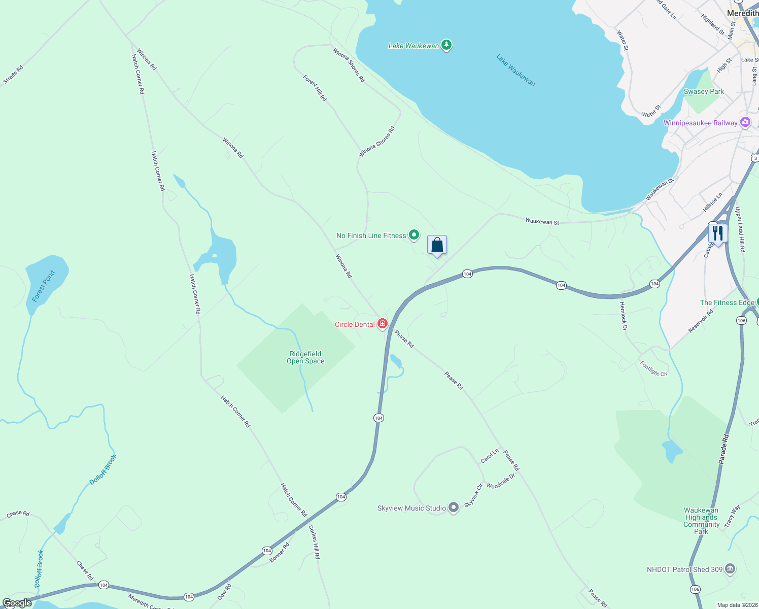map of restaurants, bars, coffee shops, grocery stores, and more near 9 Winona Road in Meredith