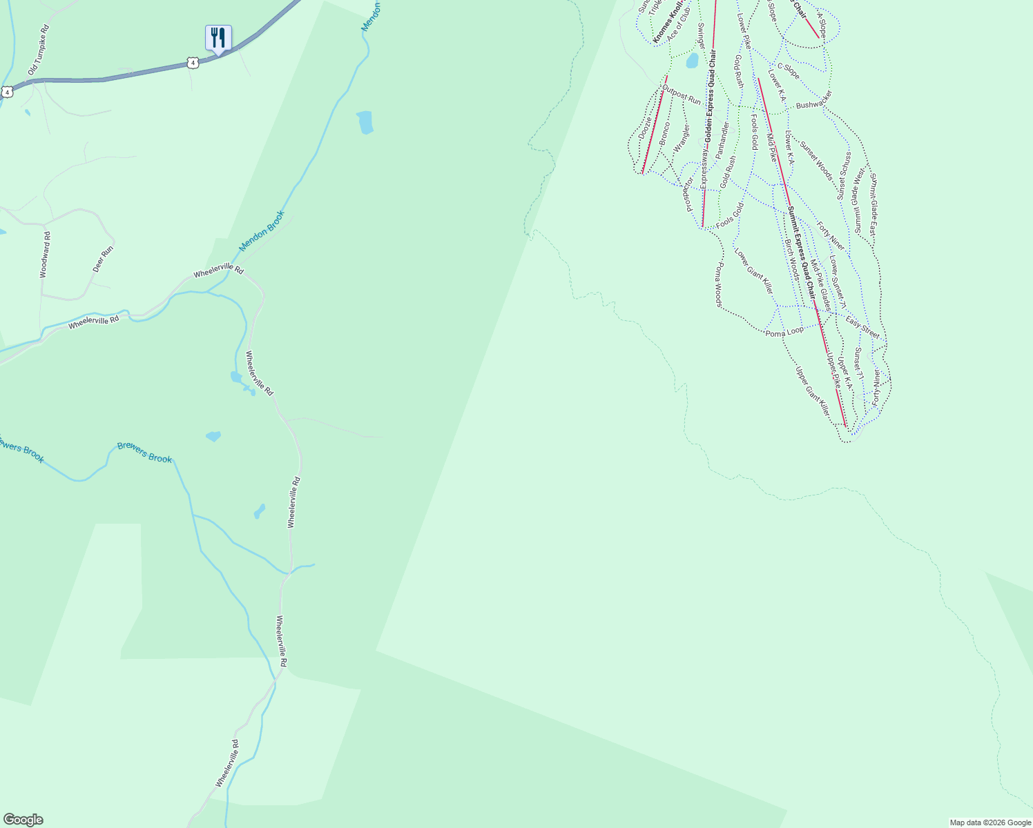 map of restaurants, bars, coffee shops, grocery stores, and more near Wood Road in Killington