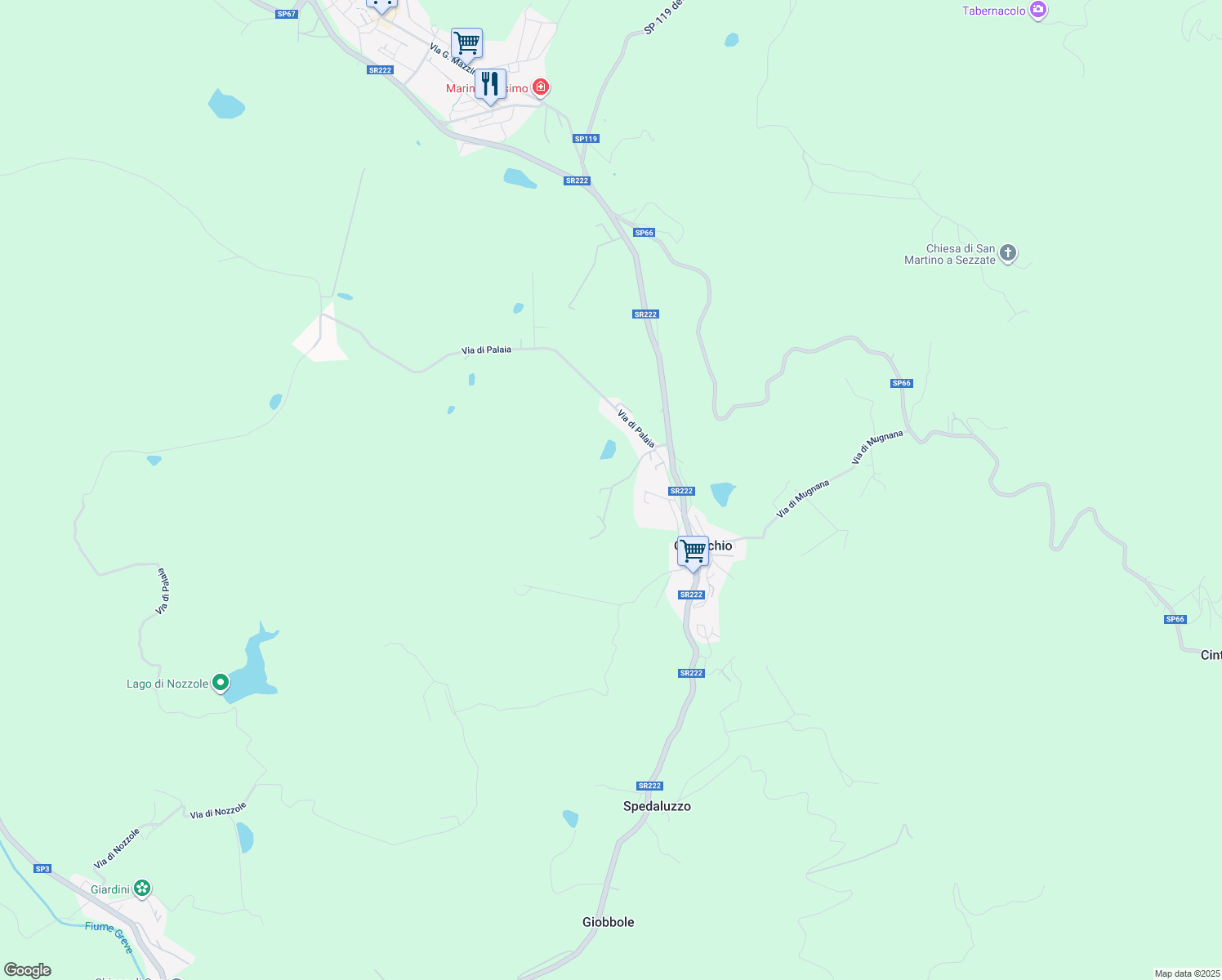 map of restaurants, bars, coffee shops, grocery stores, and more near 27 Via del Poggio in Città Metropolitana di Firenze