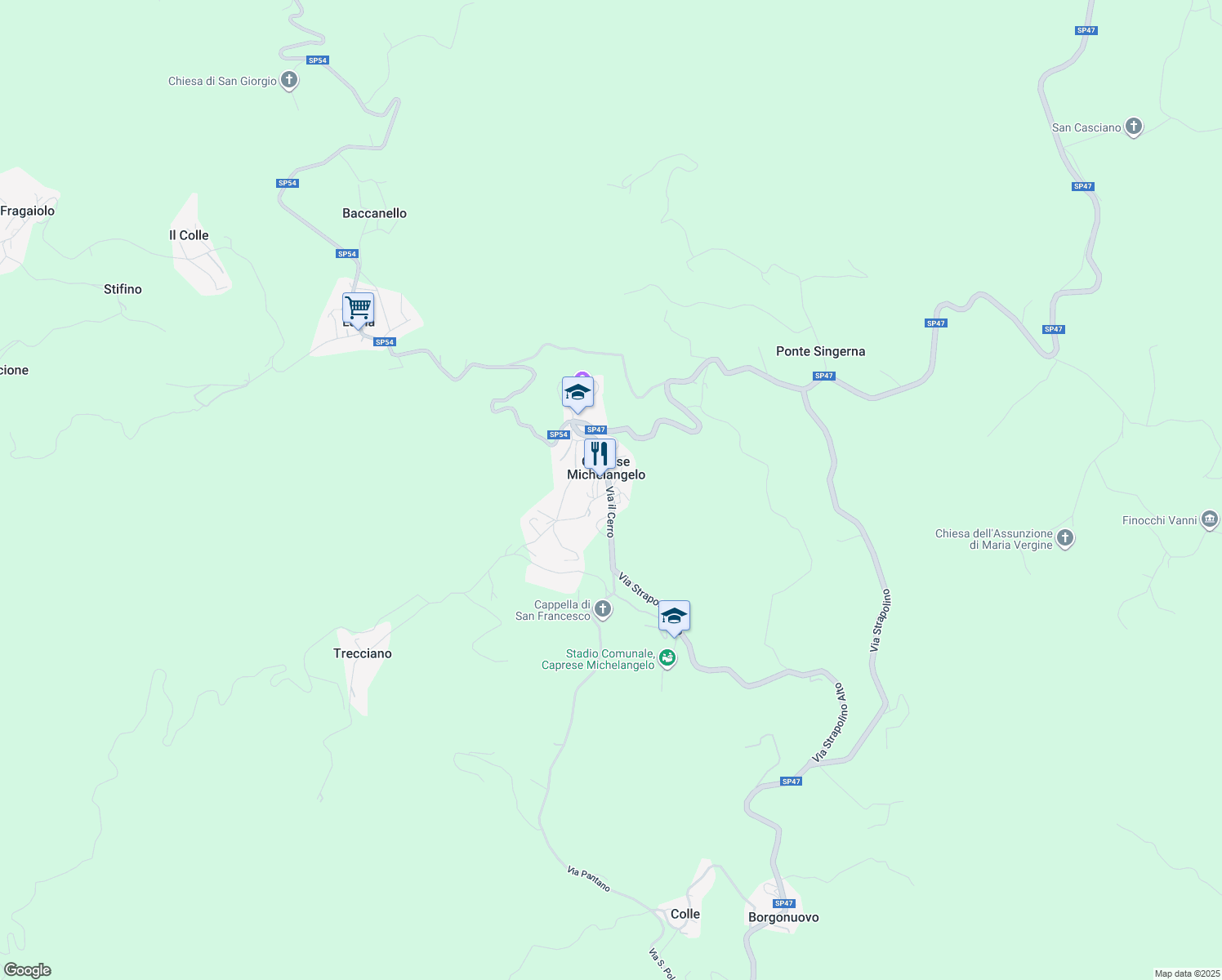 map of restaurants, bars, coffee shops, grocery stores, and more near 123 Strada Comunale Caprese Michelangelo Fosso da Bagno in Caprese Michelangelo