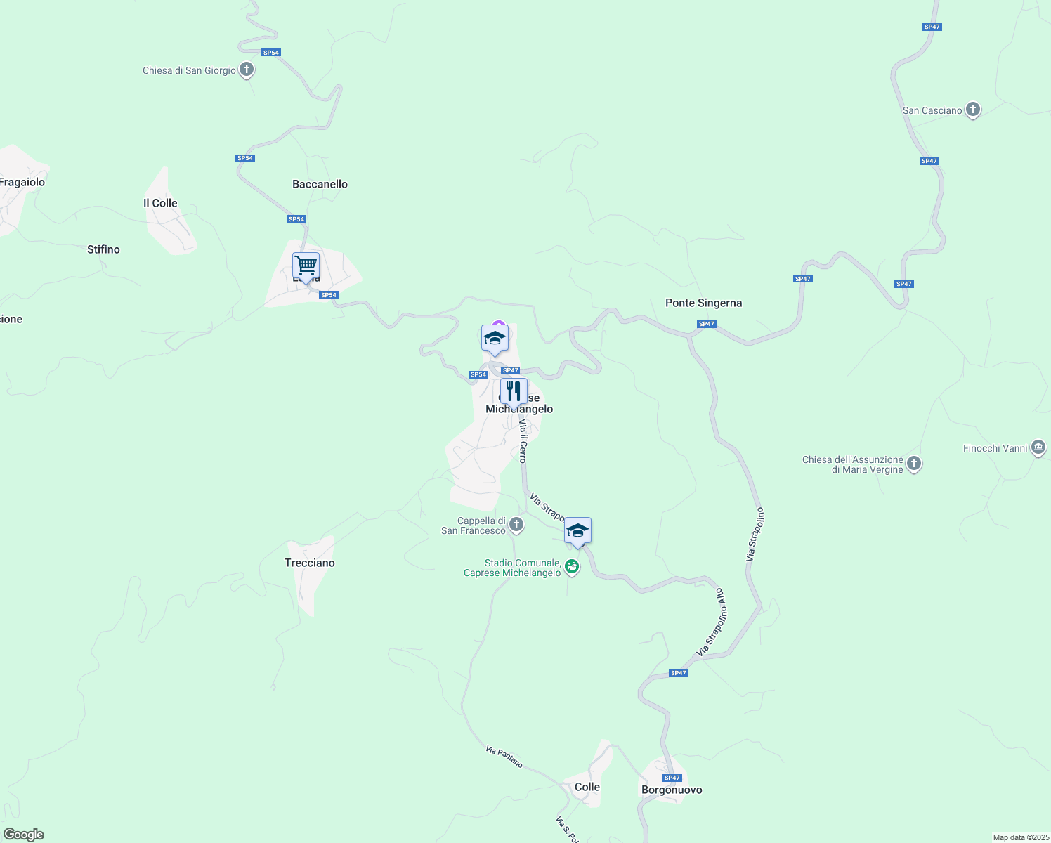 map of restaurants, bars, coffee shops, grocery stores, and more near 87 Via Capoluogo in Caprese Michelangelo