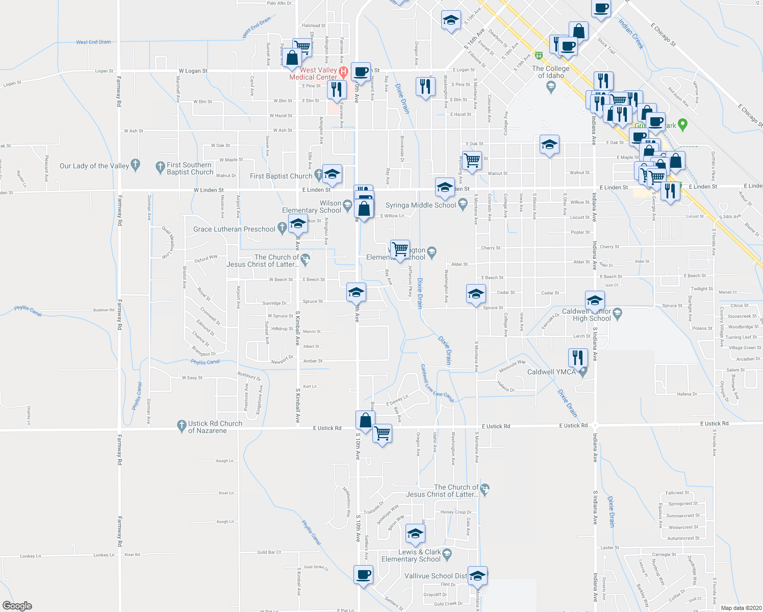 map of restaurants, bars, coffee shops, grocery stores, and more near 618 East Spruce Street in Caldwell