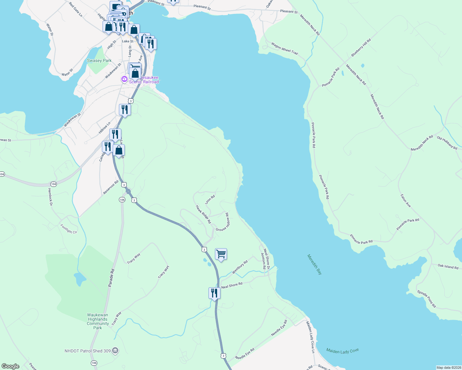 map of restaurants, bars, coffee shops, grocery stores, and more near 29 South Watch Road in Meredith