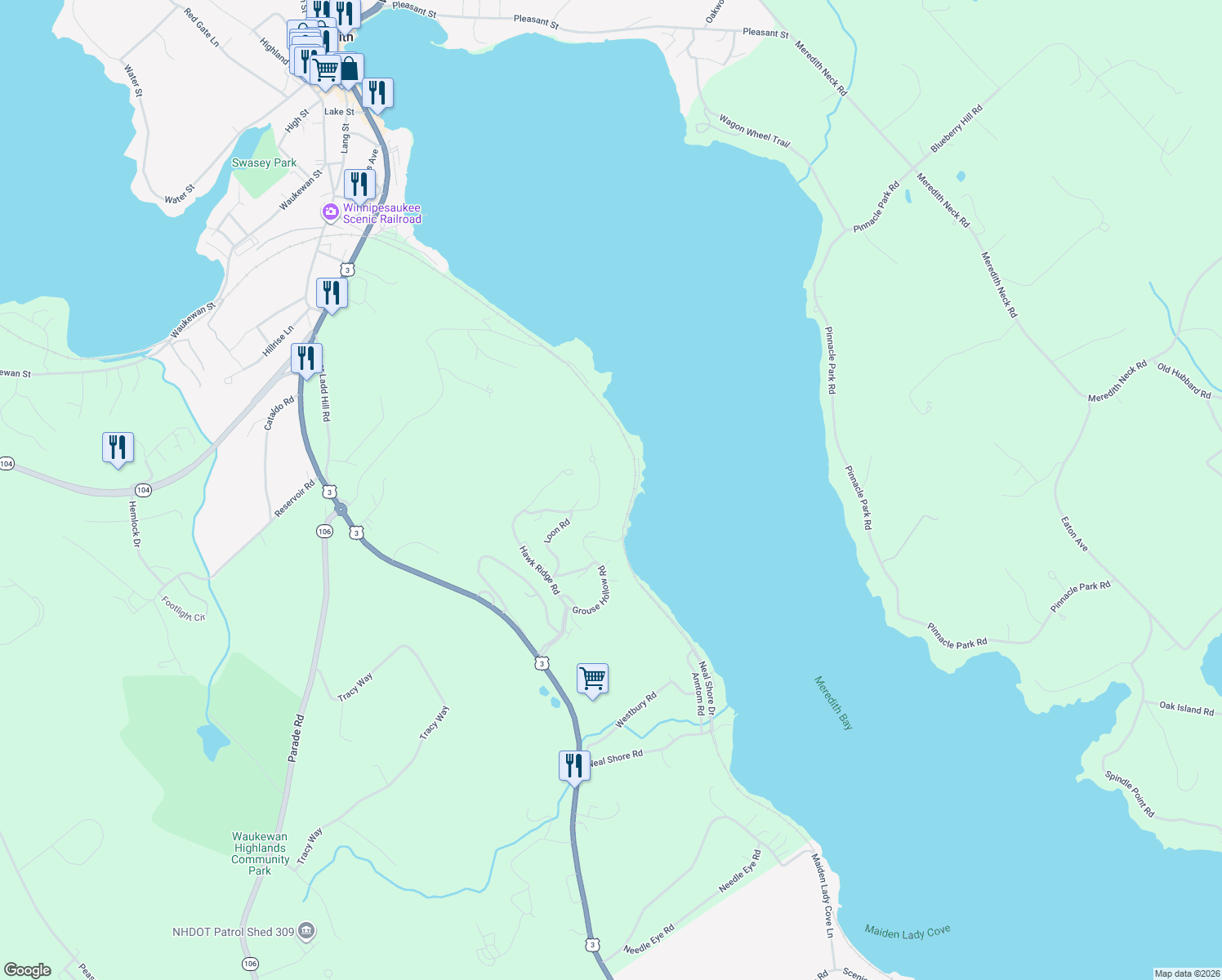map of restaurants, bars, coffee shops, grocery stores, and more near 29 South Watch Road in Meredith
