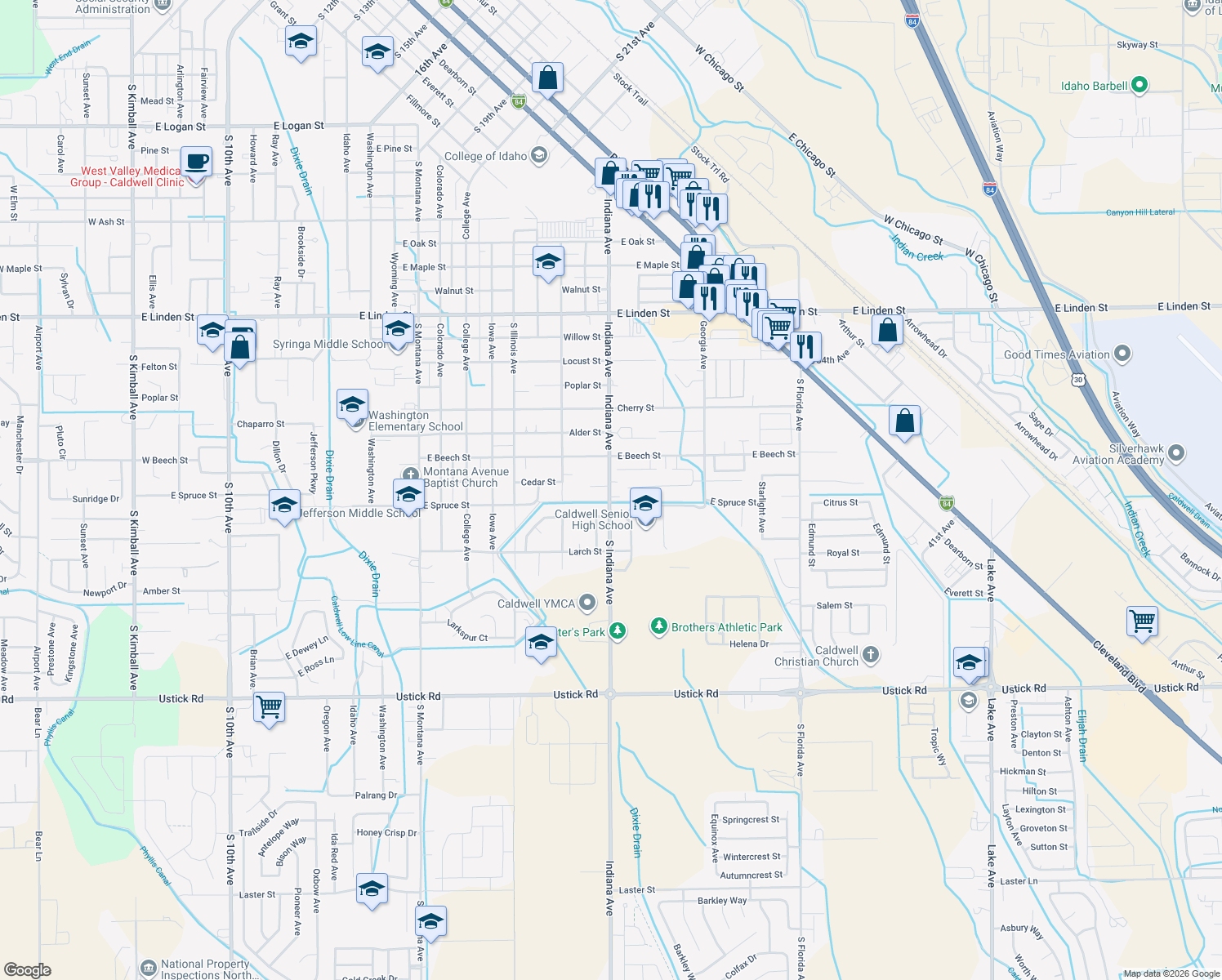 map of restaurants, bars, coffee shops, grocery stores, and more near 3221 South Indiana Avenue in Caldwell