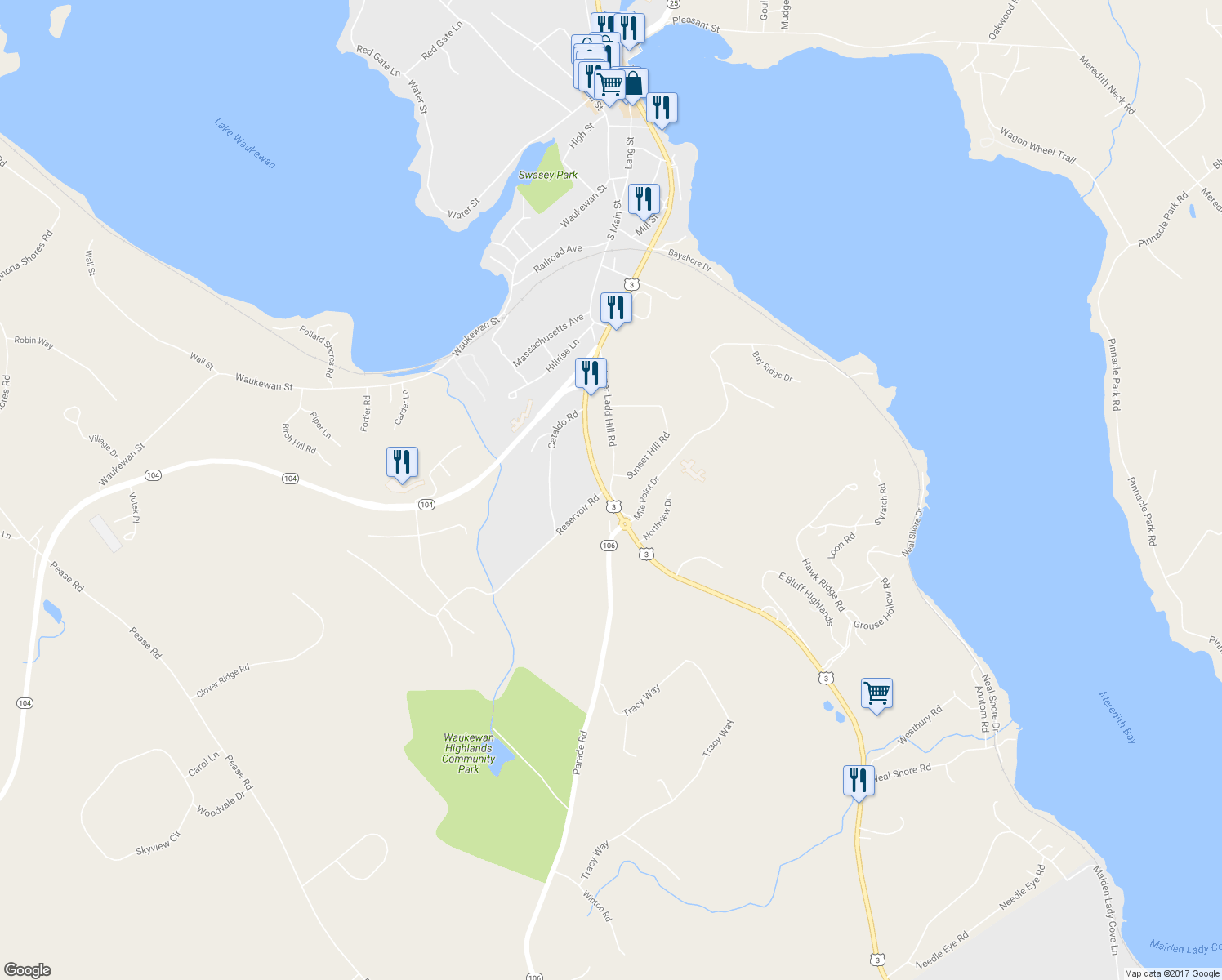 map of restaurants, bars, coffee shops, grocery stores, and more near 35 Upper Ladd Hill Road in Meredith