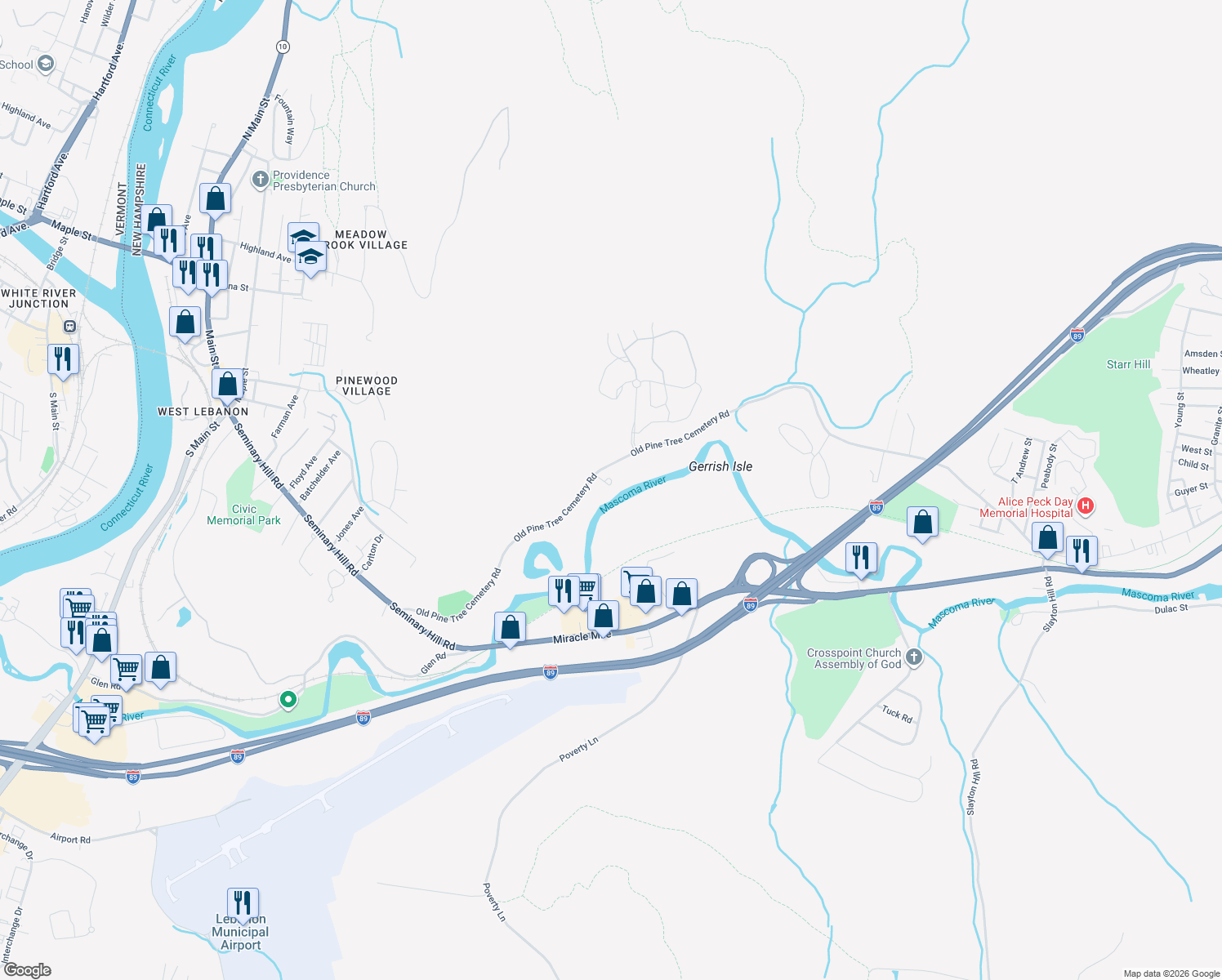 map of restaurants, bars, coffee shops, grocery stores, and more near 4 Black Bear Court in Lebanon
