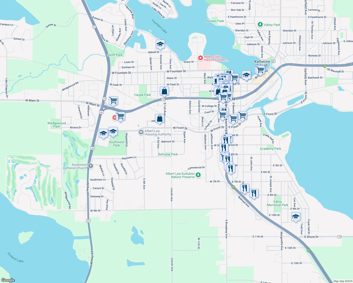 map of restaurants, bars, coffee shops, grocery stores, and more near 724 Belmont Street in Albert Lea