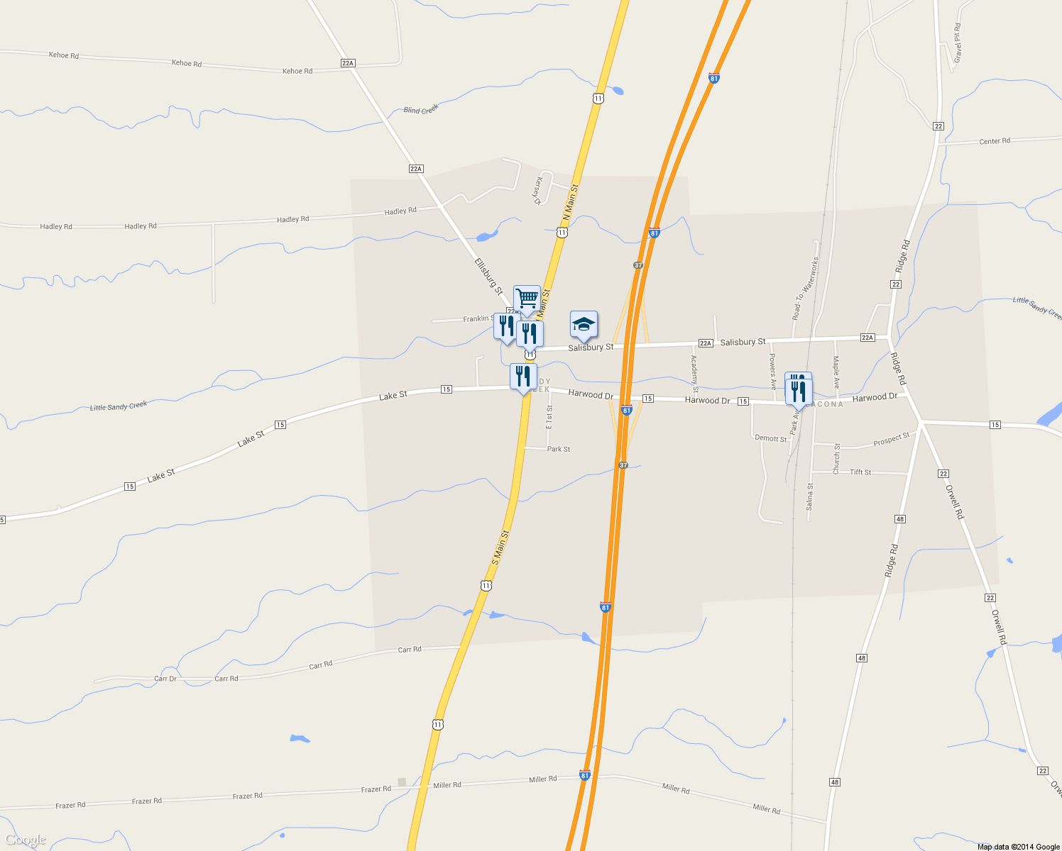 map of restaurants, bars, coffee shops, grocery stores, and more near 6046 S Main St in Sandy Creek