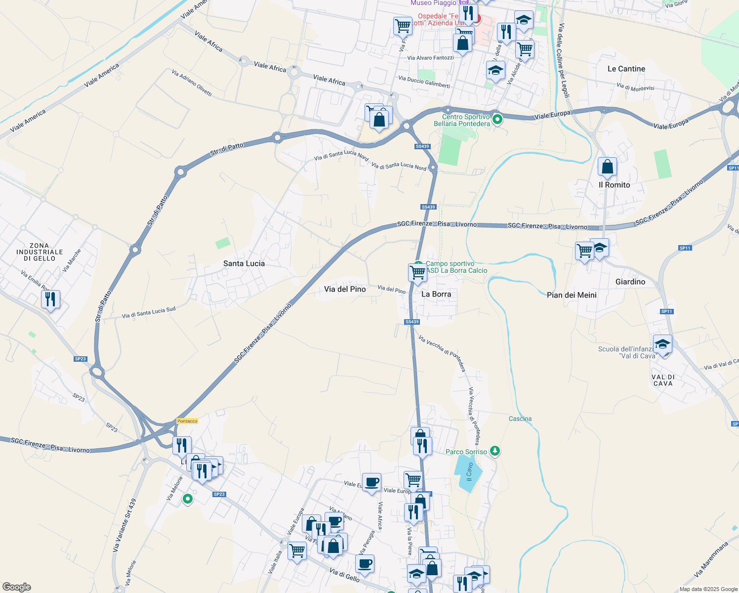map of restaurants, bars, coffee shops, grocery stores, and more near 8 Via del Platano in Pontedera