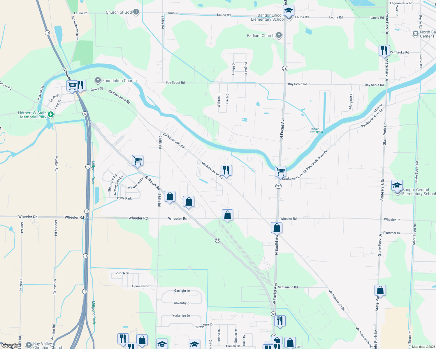 map of restaurants, bars, coffee shops, grocery stores, and more near 3365 Old Kawkawlin Road in Bay City