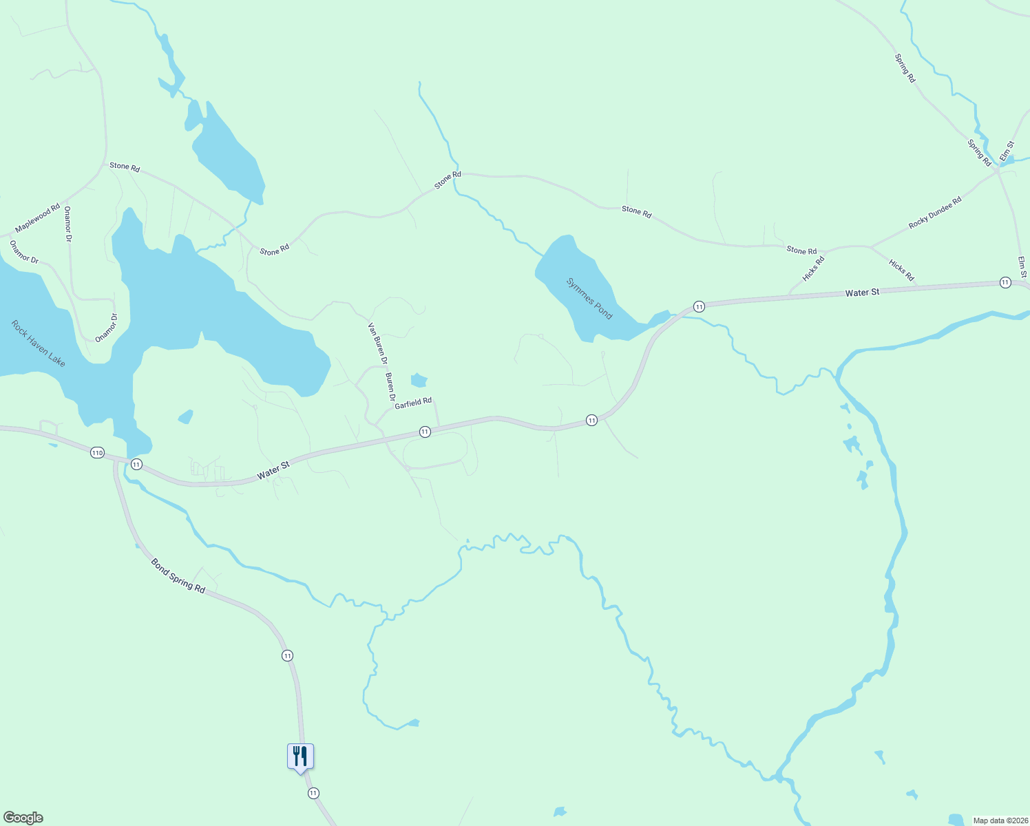 map of restaurants, bars, coffee shops, grocery stores, and more near 246 Water Street in Newfield