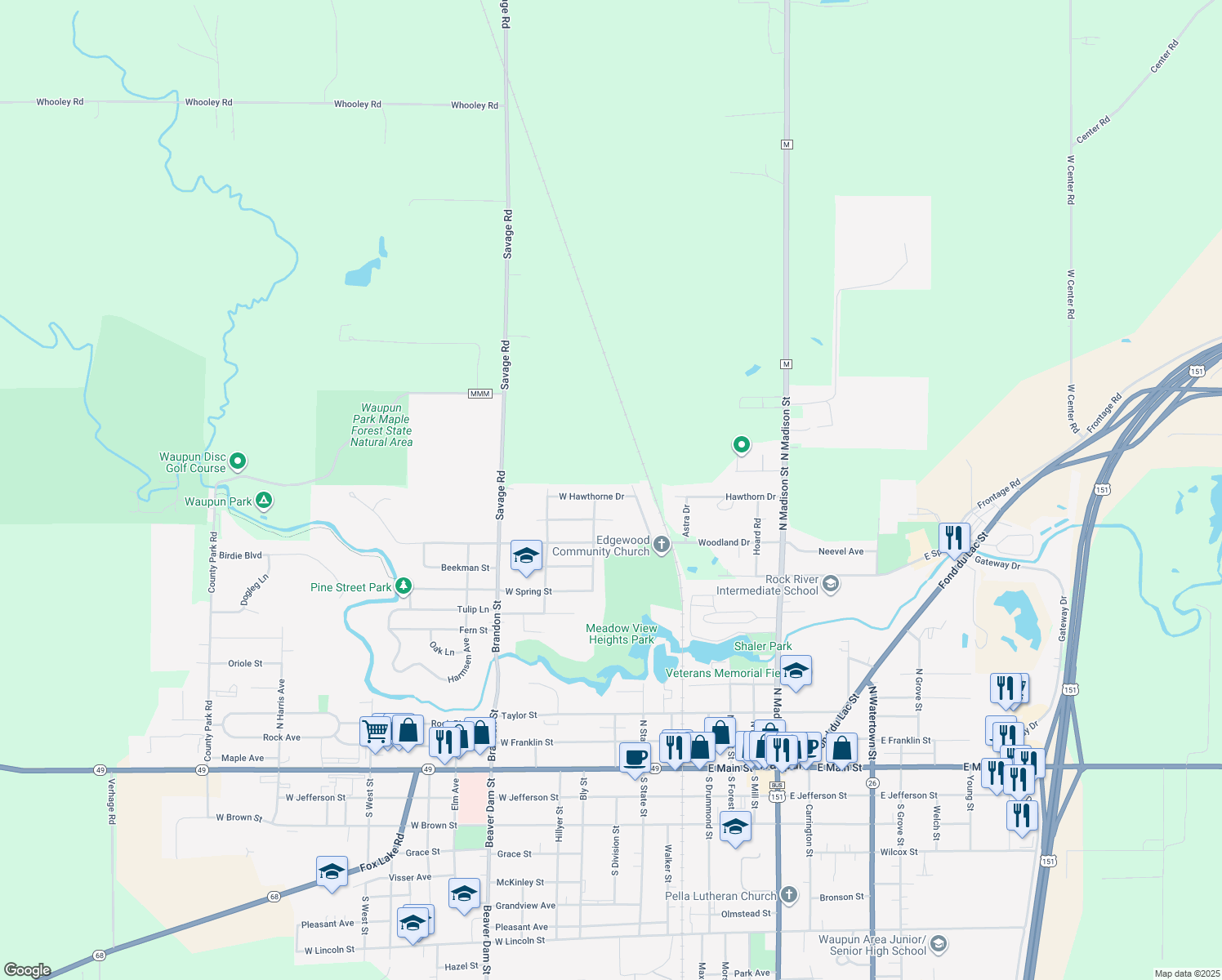 map of restaurants, bars, coffee shops, grocery stores, and more near 316 W Hawthorne Dr in Waupun