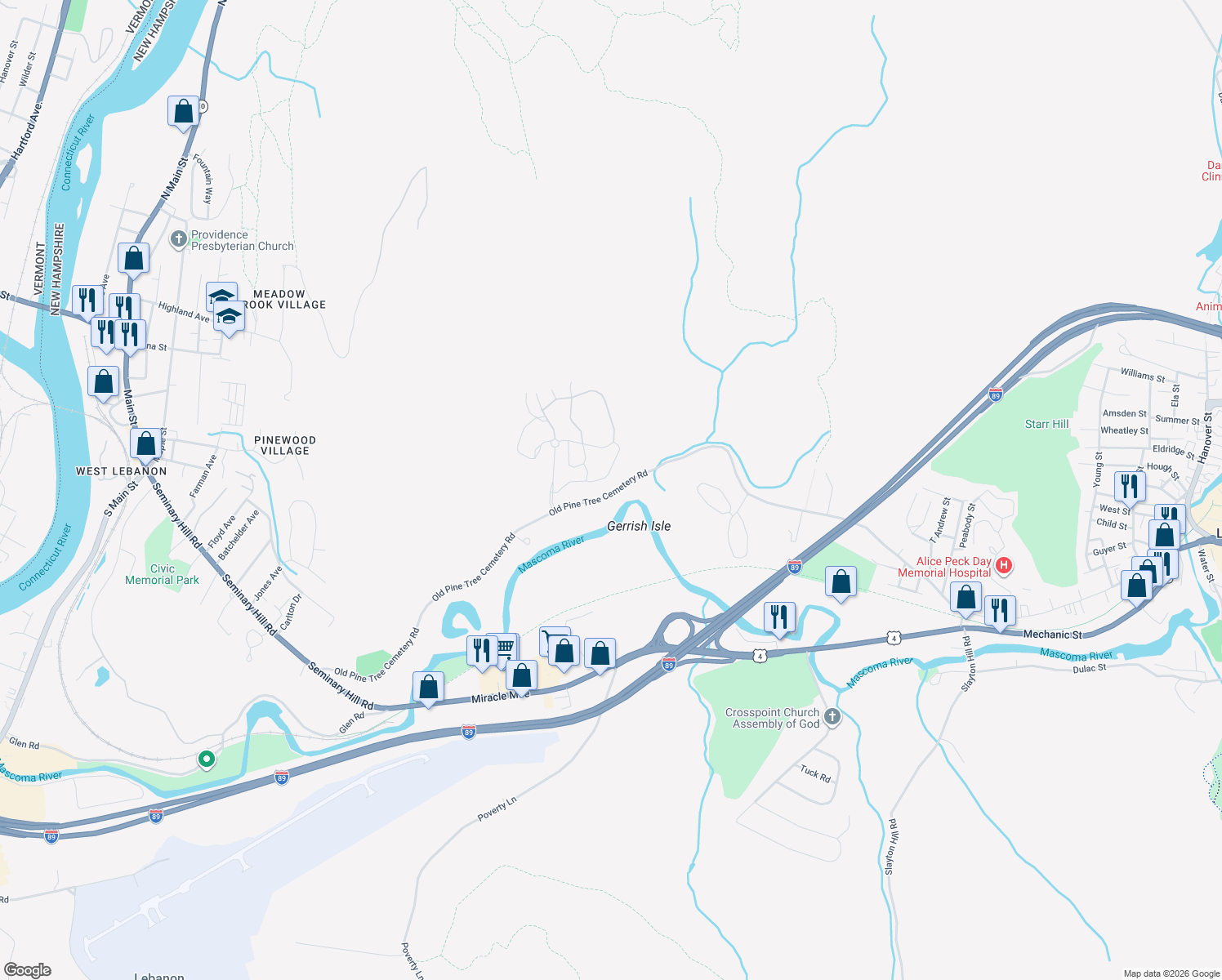 map of restaurants, bars, coffee shops, grocery stores, and more near 204 Old Pine Tree Cemetery Road in Lebanon