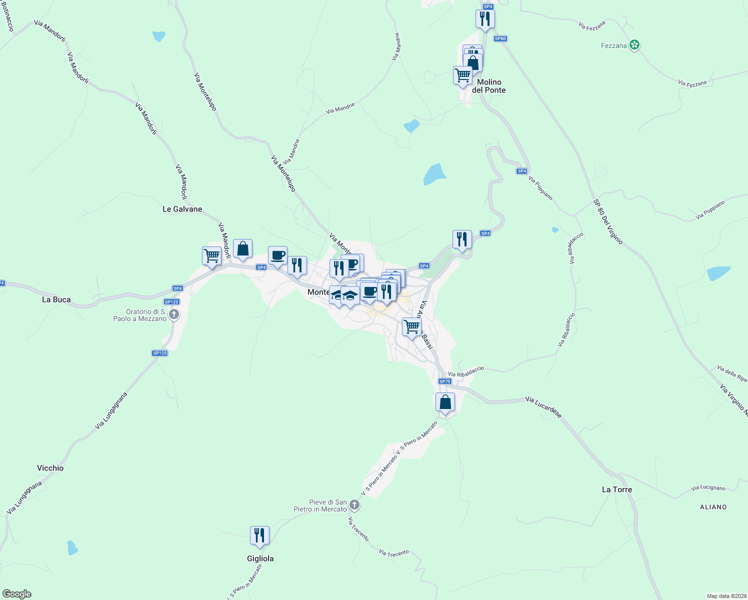map of restaurants, bars, coffee shops, grocery stores, and more near 25 Piazza del Popolo in Montespertoli