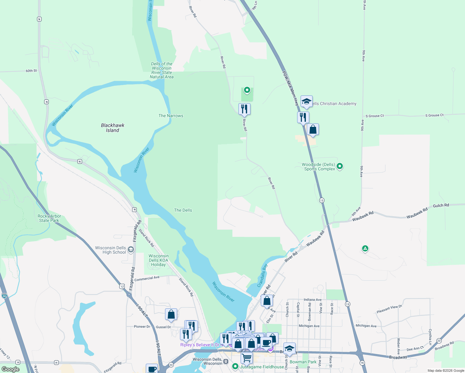 map of restaurants, bars, coffee shops, grocery stores, and more near 999 N Grouse Ln in Wisconsin Dells