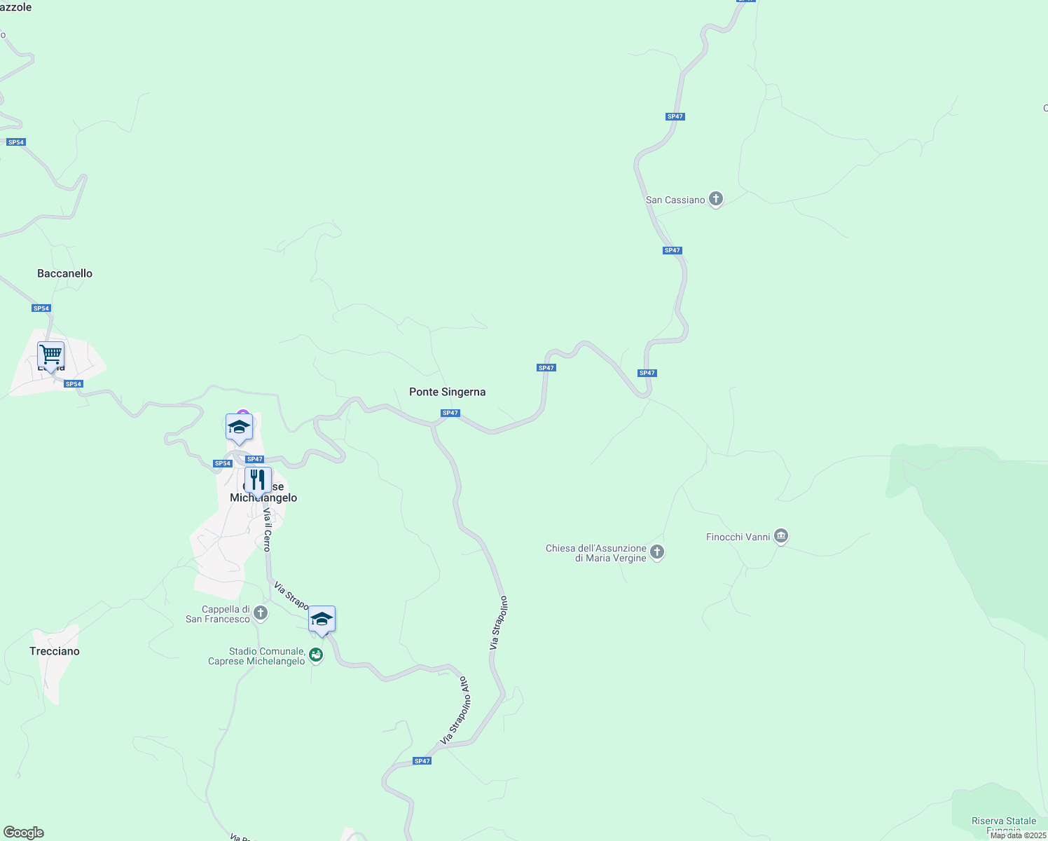 map of restaurants, bars, coffee shops, grocery stores, and more near SP47 in Provincia di Arezzo