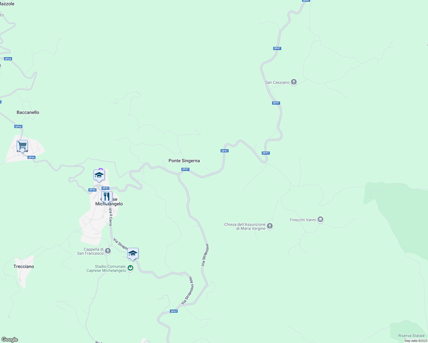 map of restaurants, bars, coffee shops, grocery stores, and more near Strada Provinciale 47 in Provincia di Arezzo