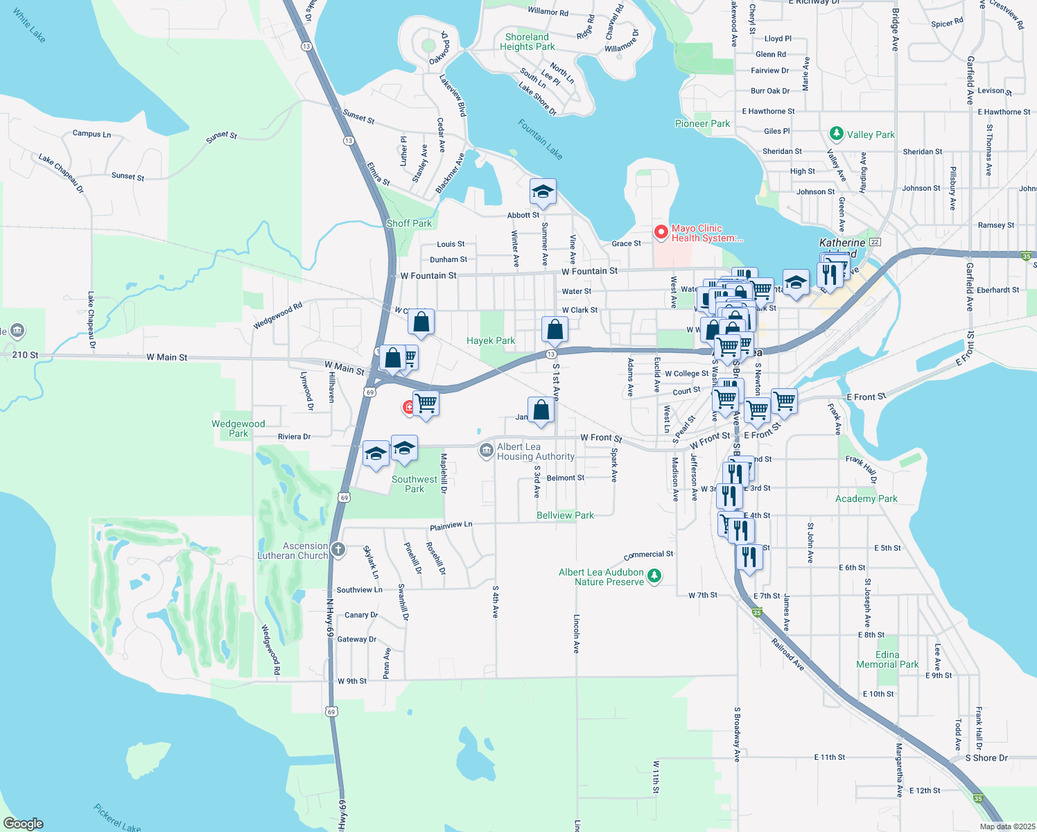 map of restaurants, bars, coffee shops, grocery stores, and more near 1102 Janson Street in Albert Lea