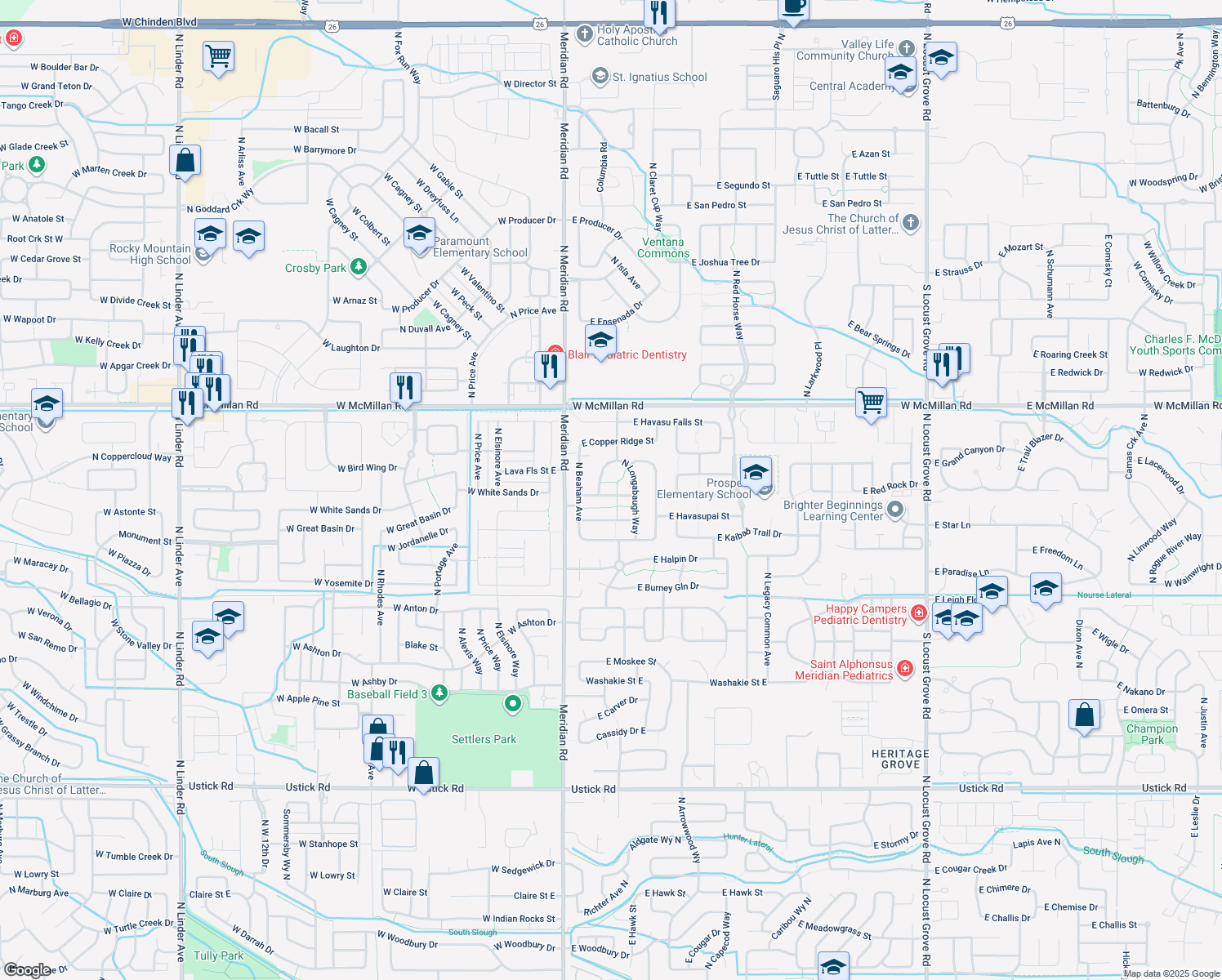 map of restaurants, bars, coffee shops, grocery stores, and more near 206 E Red Rock St in Meridian