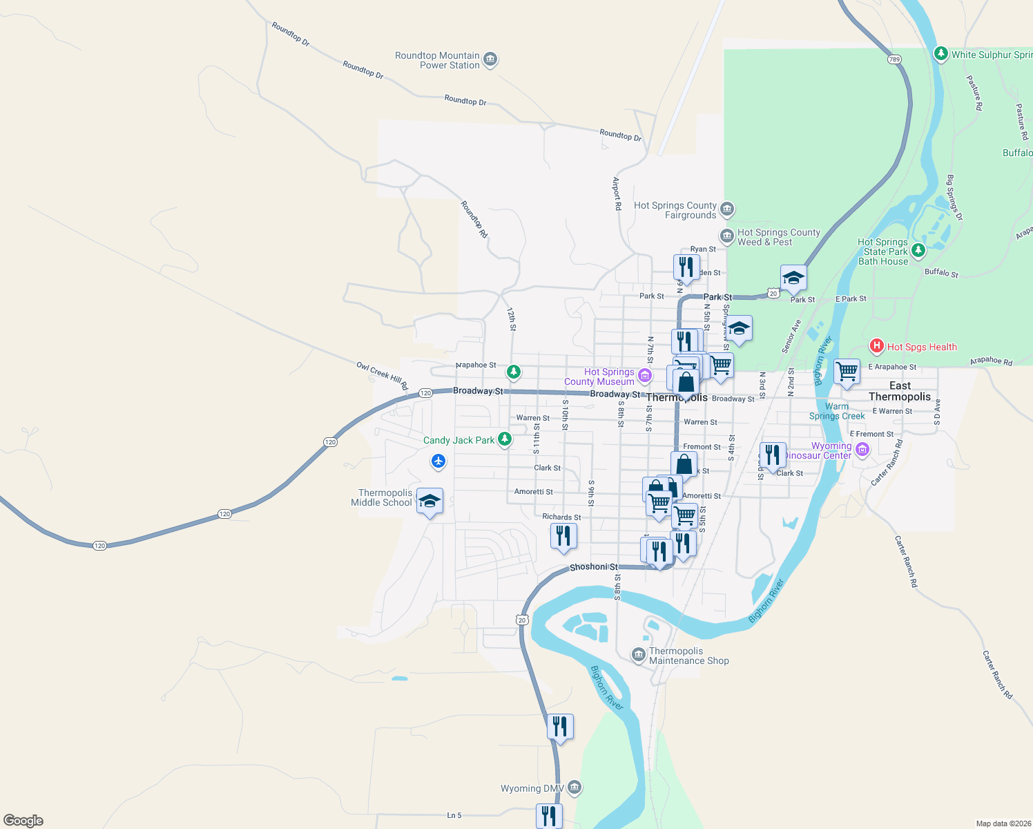 map of restaurants, bars, coffee shops, grocery stores, and more near 123 South 12th Street in Thermopolis