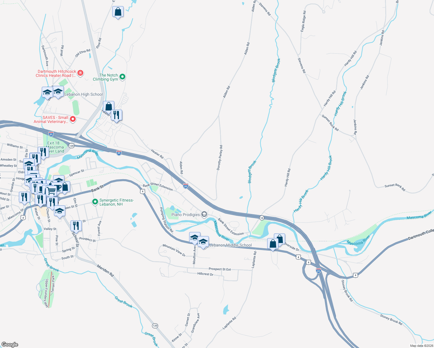 map of restaurants, bars, coffee shops, grocery stores, and more near 48 Dorothy Perley Road in Lebanon