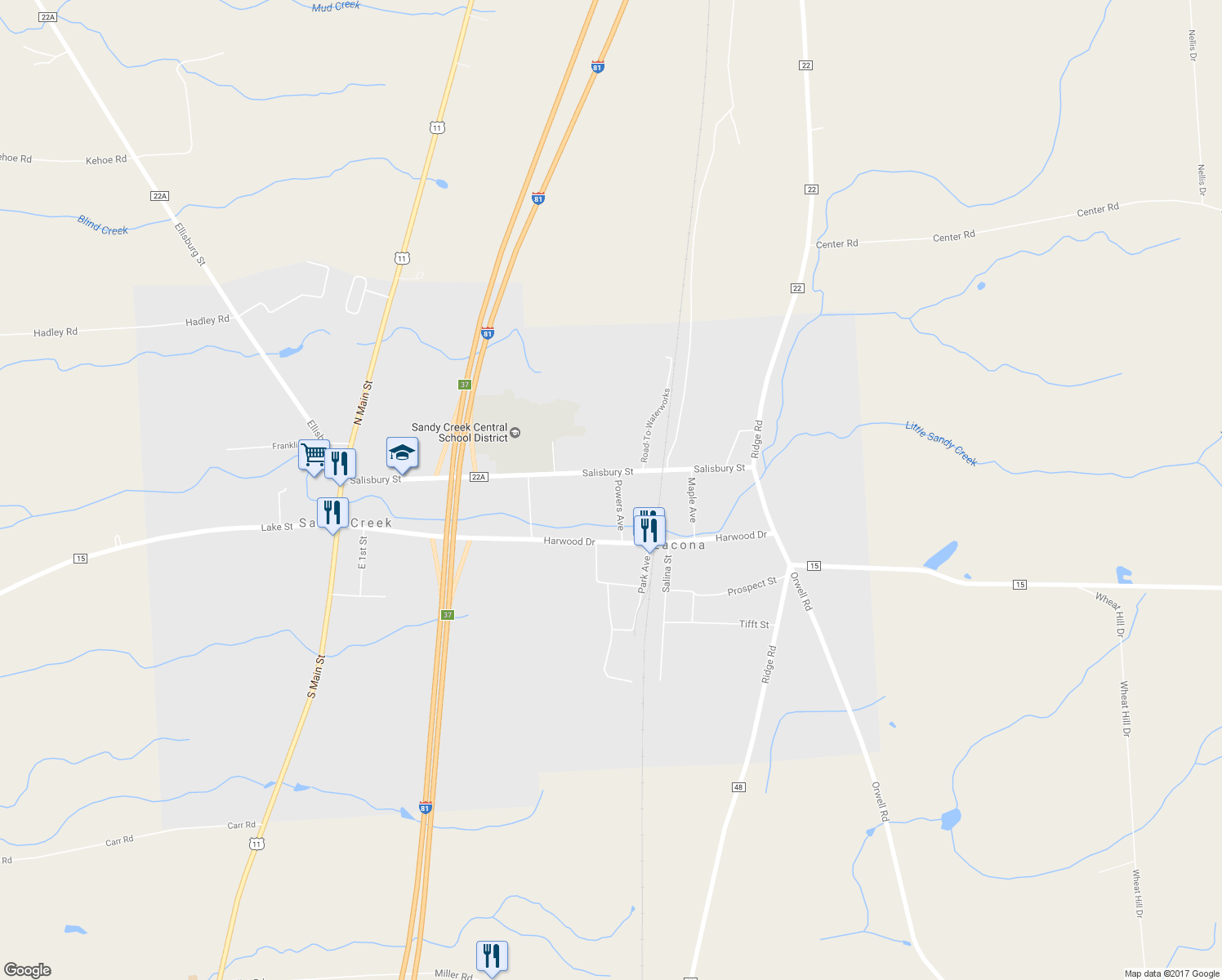 map of restaurants, bars, coffee shops, grocery stores, and more near 29 Powers Avenue in Lacona